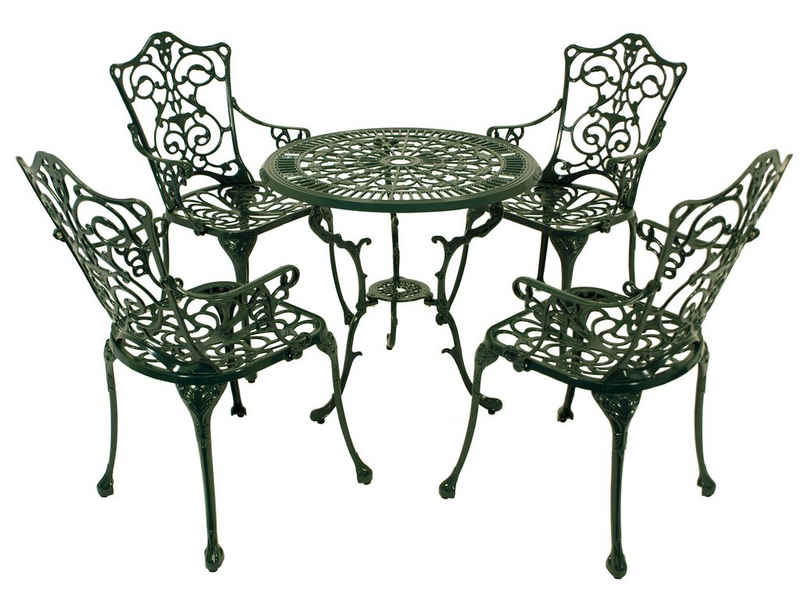 DEGAMO Garten-Essgruppe Jugendstil, (5-tlg), (4x Sessel, 1x Tisch 70cm rund), Aluguss rostfrei, Farbe dunkelgrün