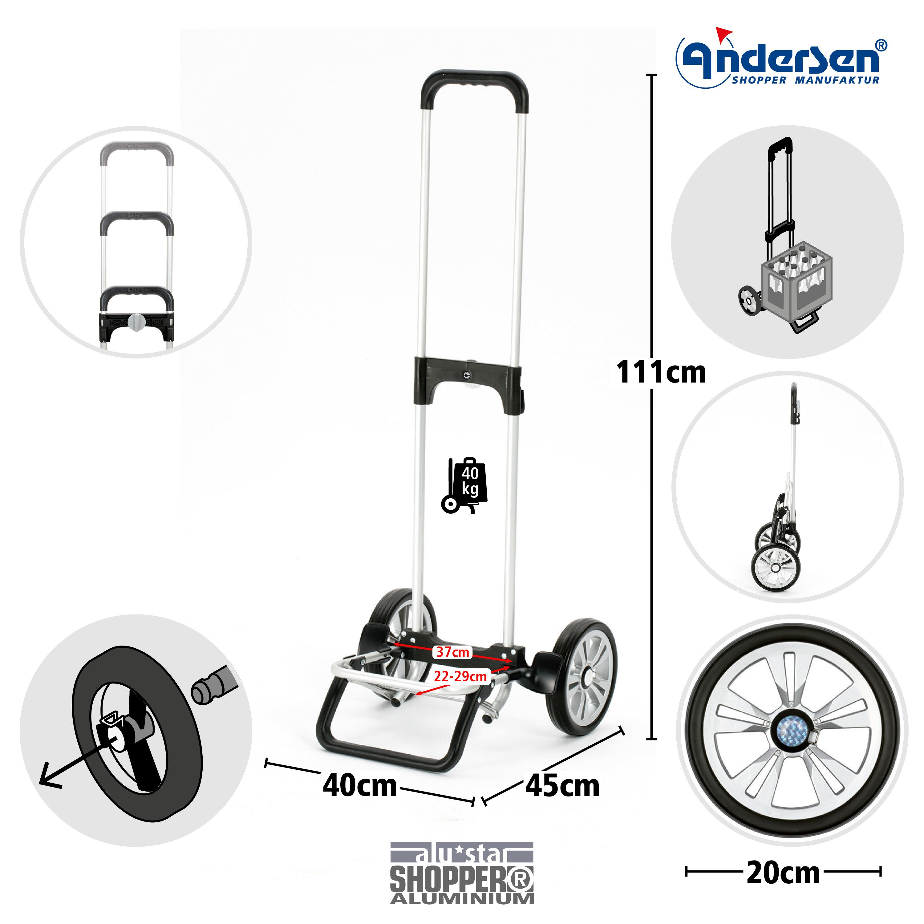 Andersen Einkaufstrolley Alu Star Shopper m. 20cm Flüsterrad, schwarz, klappbare Ladefläche, höhenverstellbar, belastbar bis 40kg