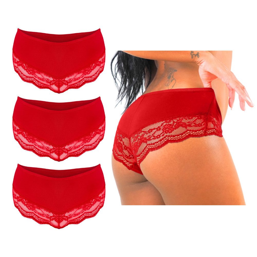 Benonetti Hipster Unterhose Damen Panties Frauen Unterwäsche Hipster-Slips (3er Set, 3er-Pack) mit Spitze, Elastikbund, Gemusterte Brasilslips