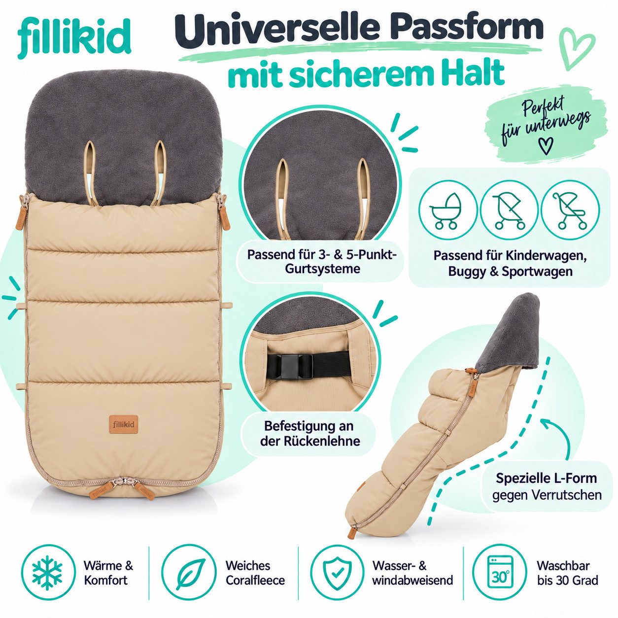 Fillikid Fußsack Winterfußsack Kinley Exklusiv, warmer Winterfußsack waschbar mit Rundum Reißverschluss und – Bild 5 von 5