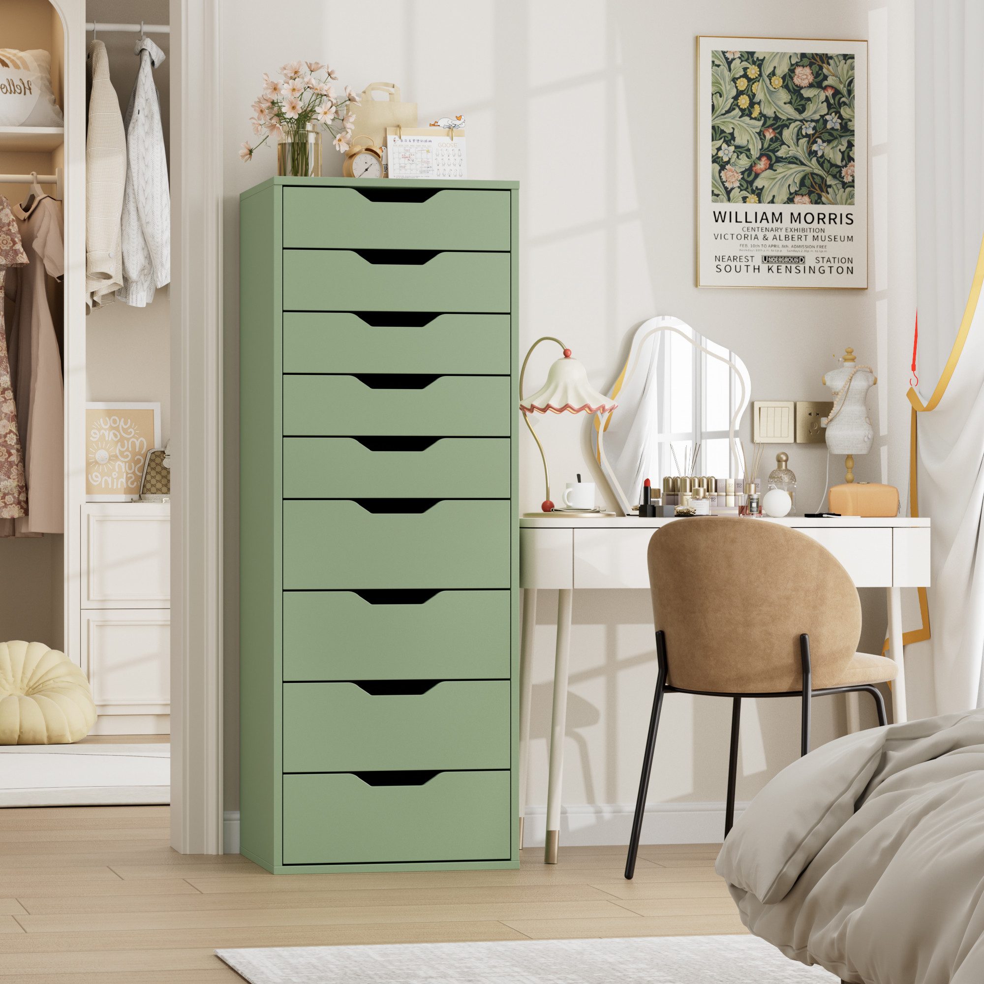 Homfa Kommode Schubladenschrank, Hochkommode, mit 9 Schubladen, schmal, grün, 45x40x124cm