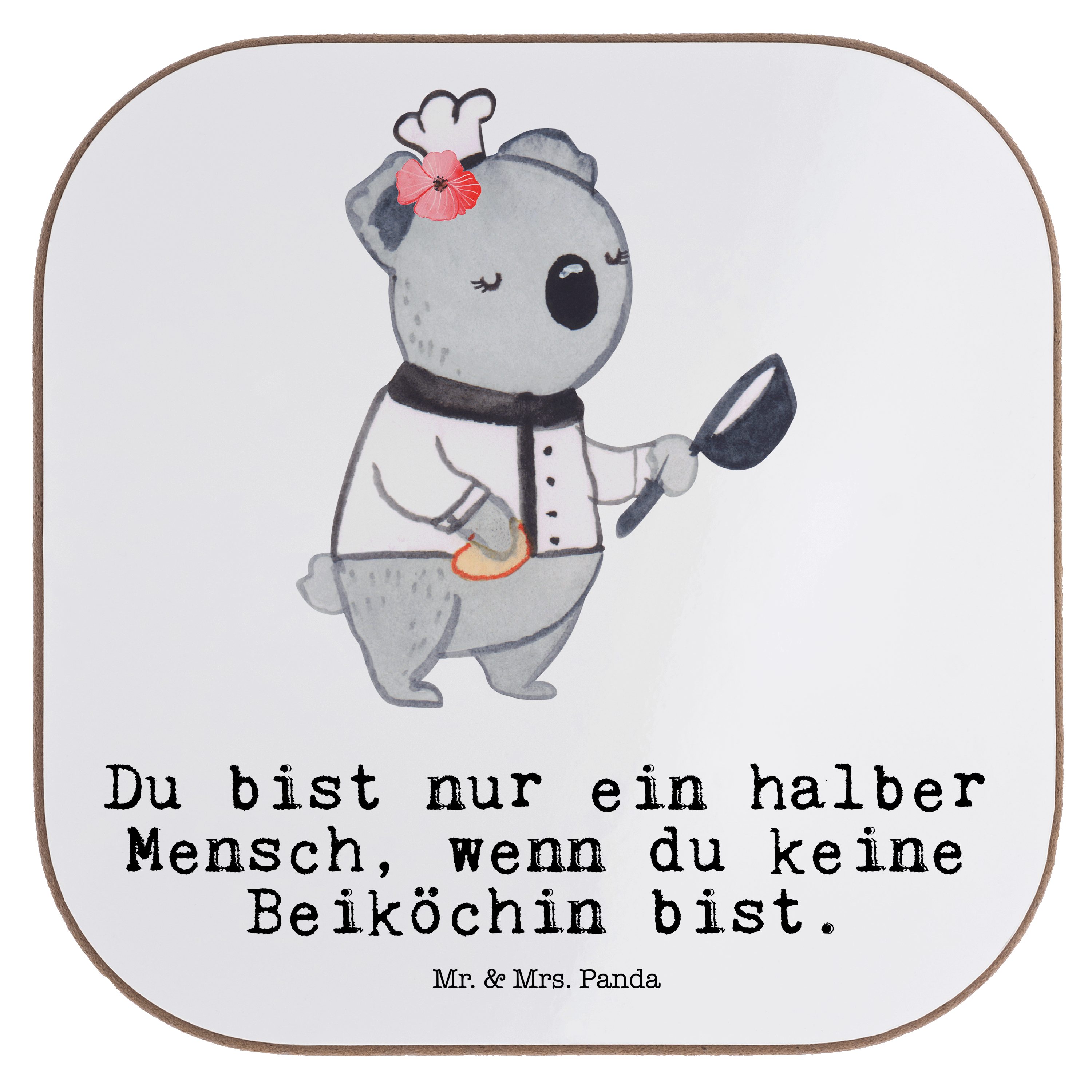 Mr. & Mrs. Panda Getränkeuntersetzer Beiköchin mit Herz - Weiß - Geschenk, Ausbildung, Bierdeckel, Spülhil, 1-tlg.