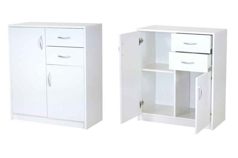 Home Collective Kommode mit 2 Schubladen und 2 Türen 74x85x35 cm (B/H/T) schmal, in weiß, Highboard Sideboard Mehrzweckschrank Schrank Schlafzimmer