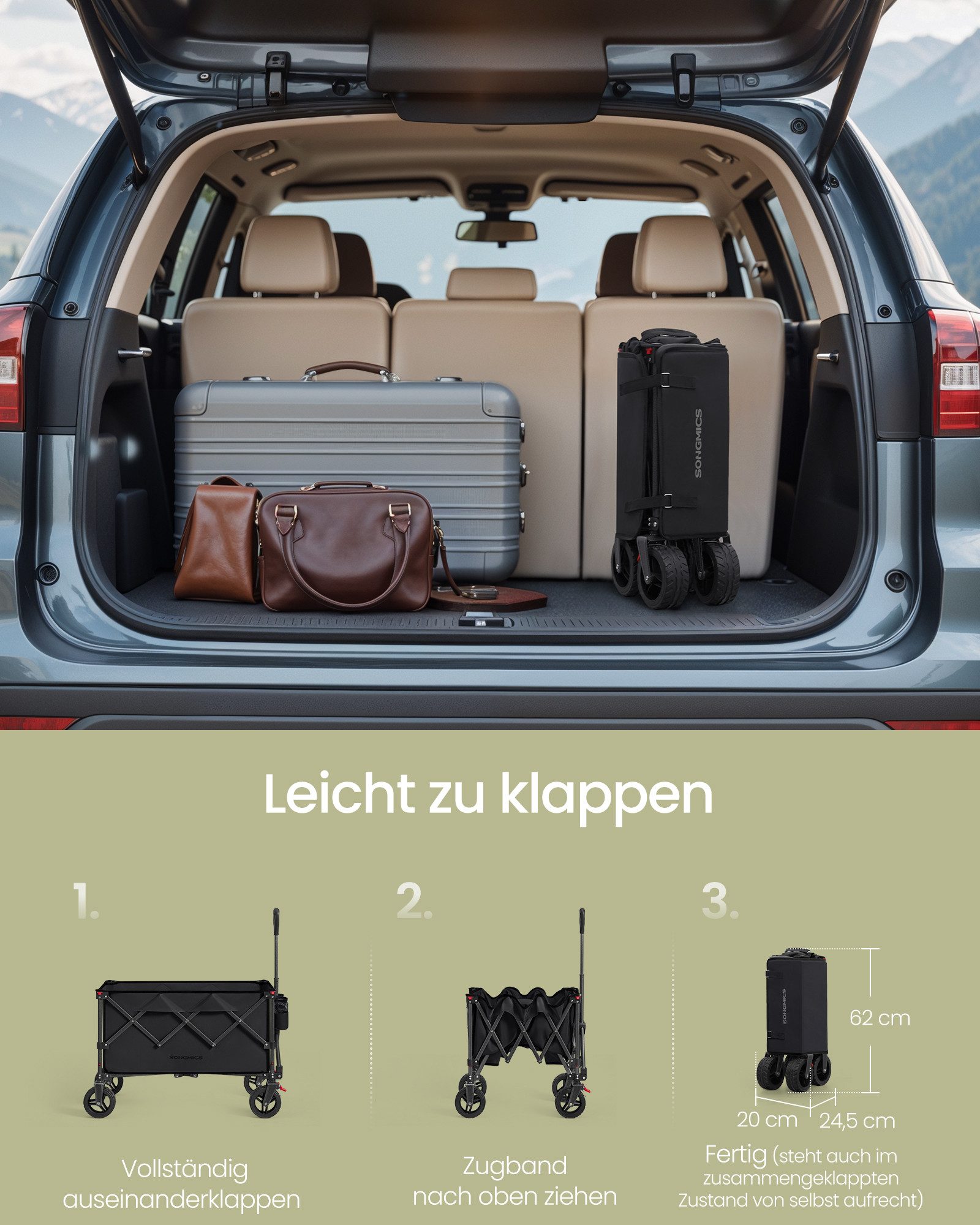 SONGMICS Handwagen altbarer Handwagen/Bollerwagen, Gartenwagen mit Griff, 4 verstärkte Rollen, davon 2 Universalräder, bis 150/180 kg belastbar