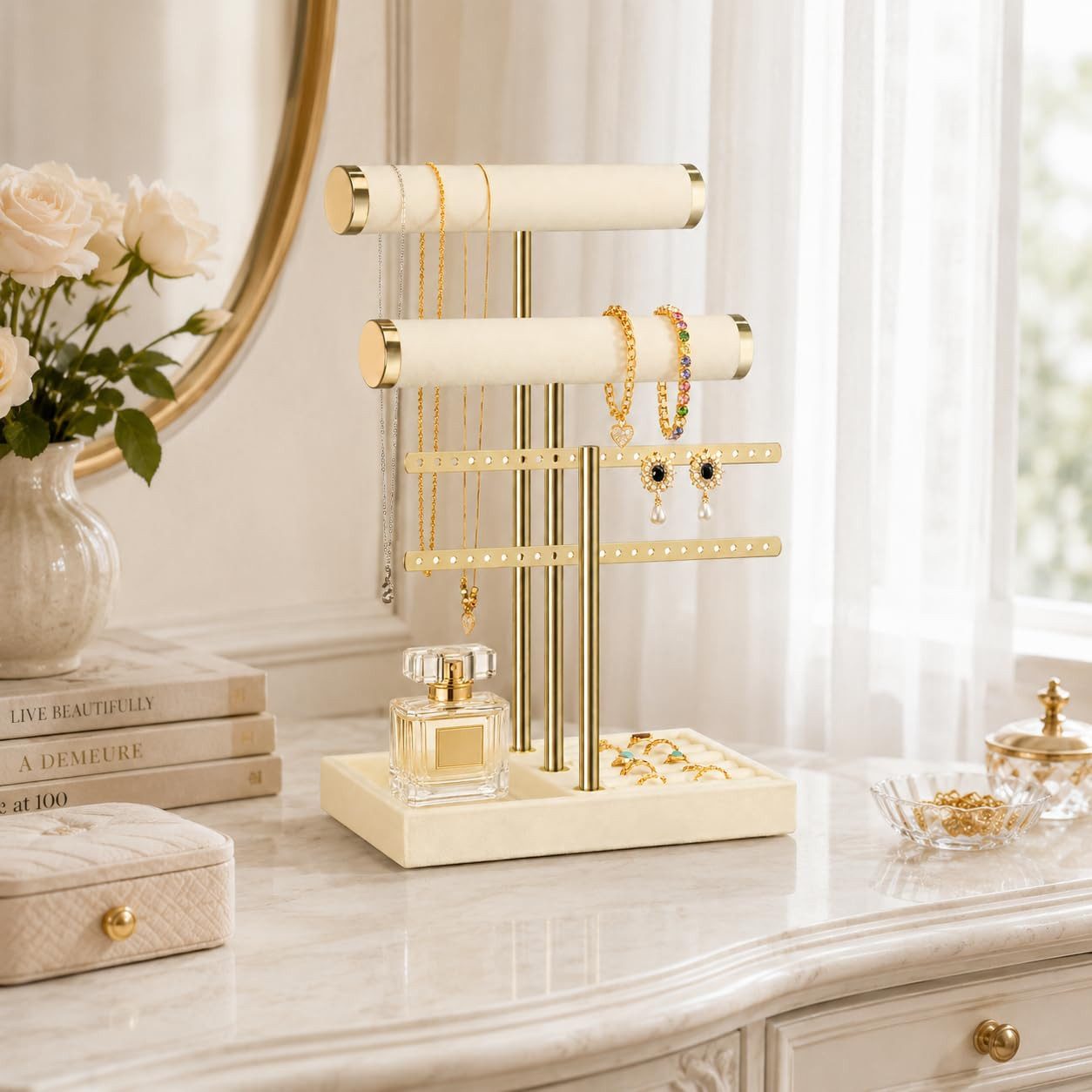 SURFOU Schmuckständer Schmuck Organizer mit 3 Ebenen – Samt-Armbandständer mit T-Steg (5-in-1 Schmuckpräsentation mit Samtstangen, Ringablage & Fach – Ideal für – Bild 2 von 5