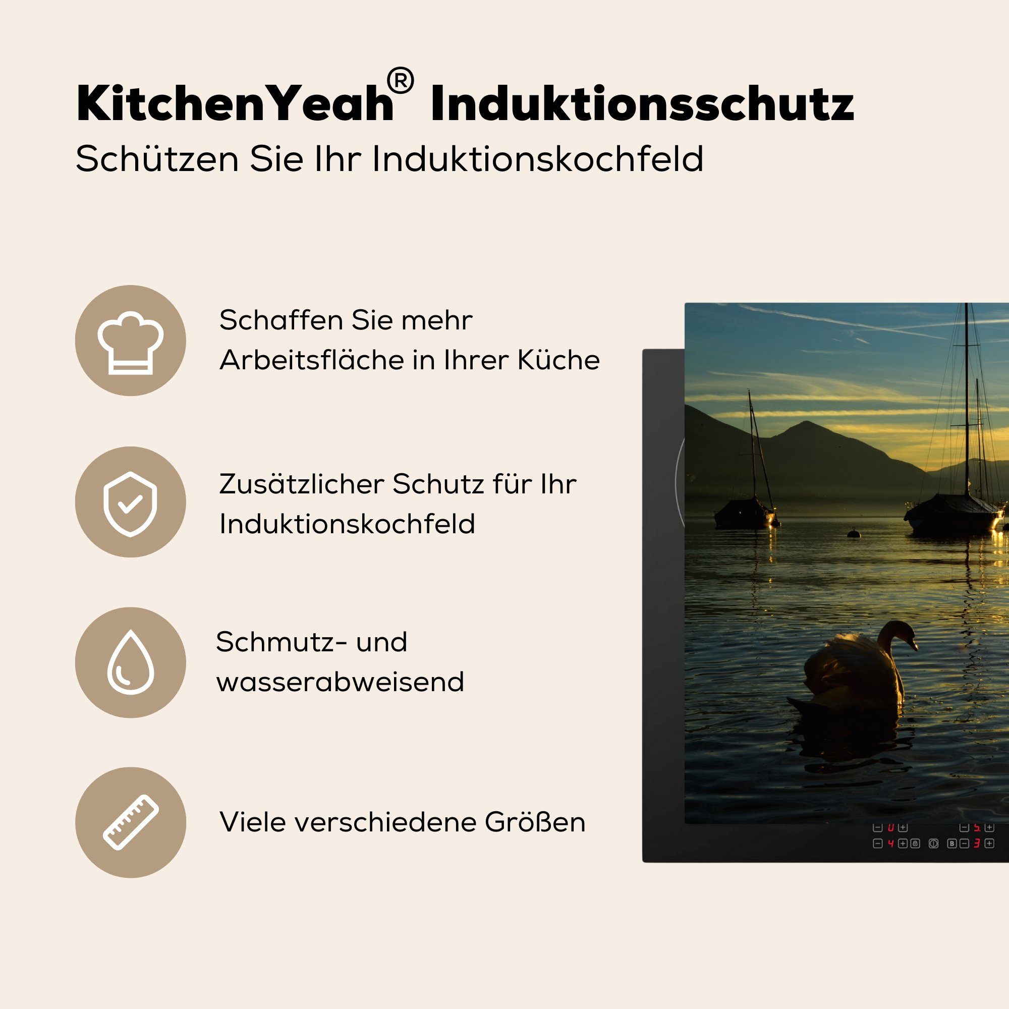 für Vinyl, Sonne, cm, - tlg), Ceranfeldabdeckung 81x52 die MuchoWow Induktionskochfeld Schwäne - Schutz küche, (1 Boot Herdblende-/Abdeckplatte