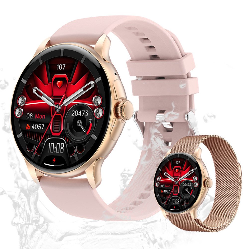 Zevelora Damen's IP67 wasserdicht AMOLED Displsay Fitness-Tracker Smartwatch (3,63 cm/1,43 Zoll, Android/iOS), mit austauschbarem weichem Mesharmband, - 300 mAh mit GPS, SPO2, Schrittzähler & Blutdrucksensor