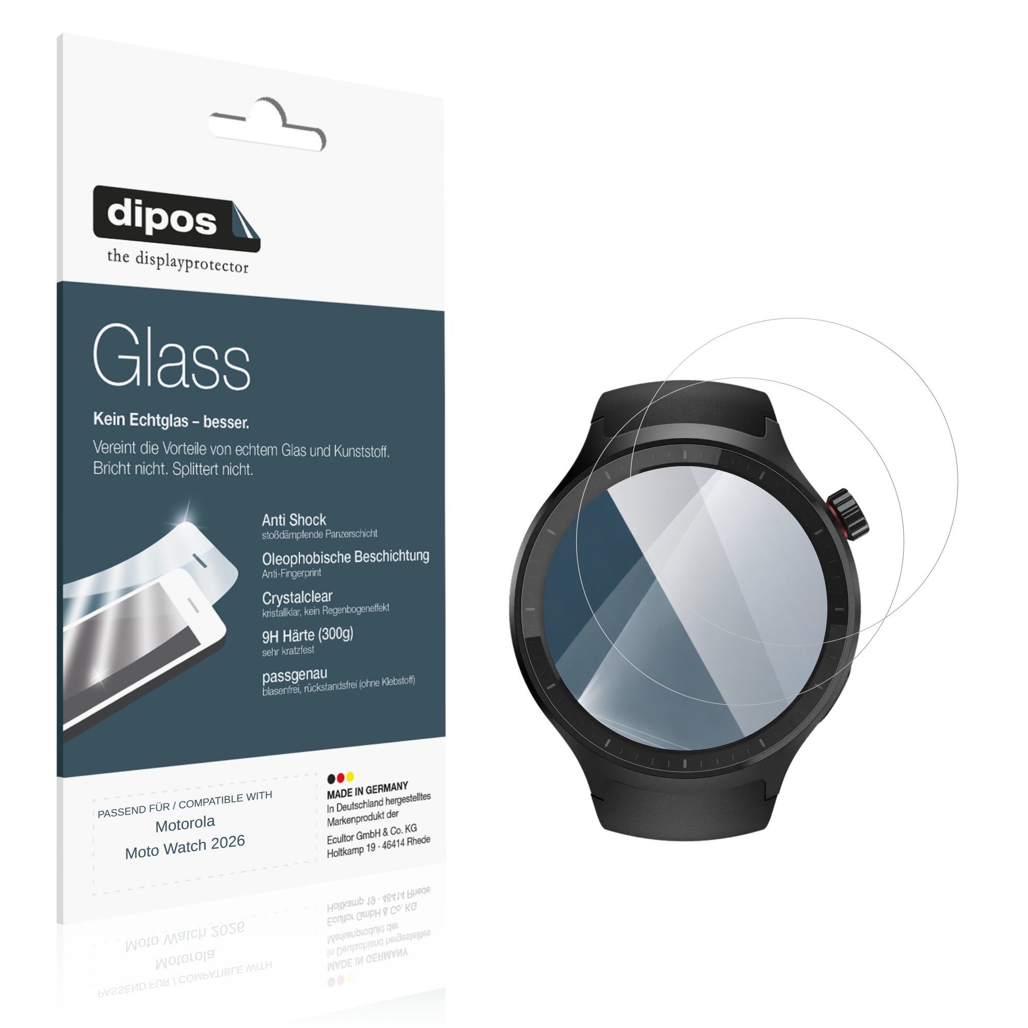 dipos Displayschutzfolie Schutzfolie für Motorola Moto Watch 2026, 2 Stück, Displayschutz Schutz Folie Made in Germany