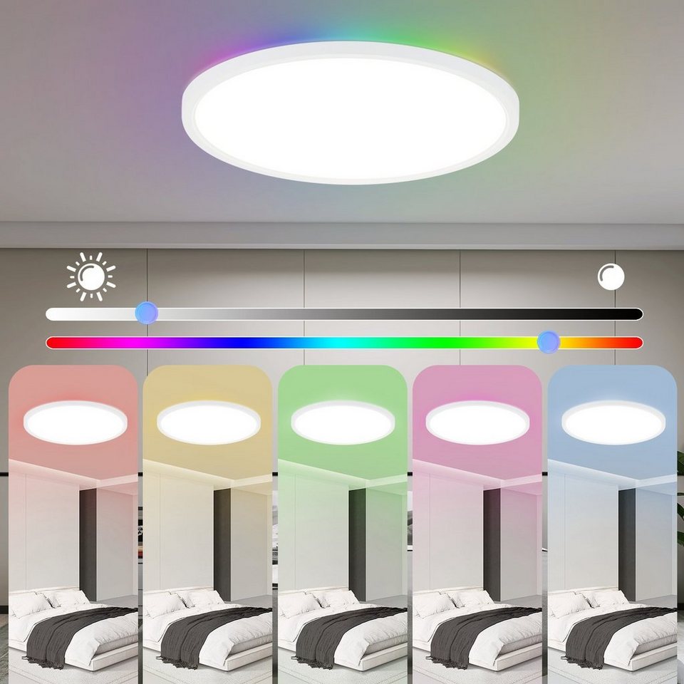 Nettlife LED Deckenleuchte Dimmbar Flach Deckenlampe RGB IP44 Wasserdicht  Panel Rund 30cm, RGB Farbwechsel, mit Fernbedienung, LED fest integriert,  für Bad Wohnzimmer Flur Küche Esszimmer Wohnzimmer Schlafzimmer