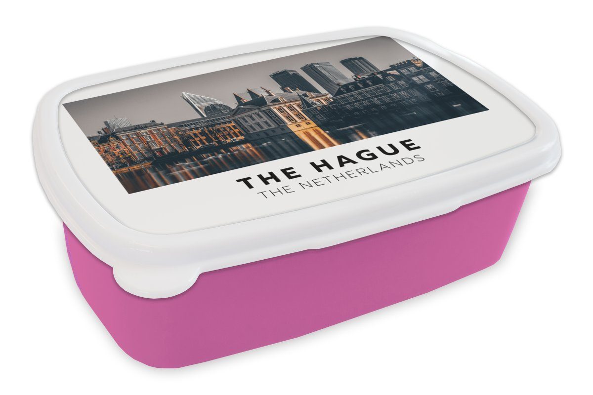 Haag, - Mädchen, Kunststoff, Brotdose Lunchbox für Snackbox, - Kunststoff MuchoWow Erwachsene, Kinder, (2-tlg), Brotbox Abend Niederlande rosa Den