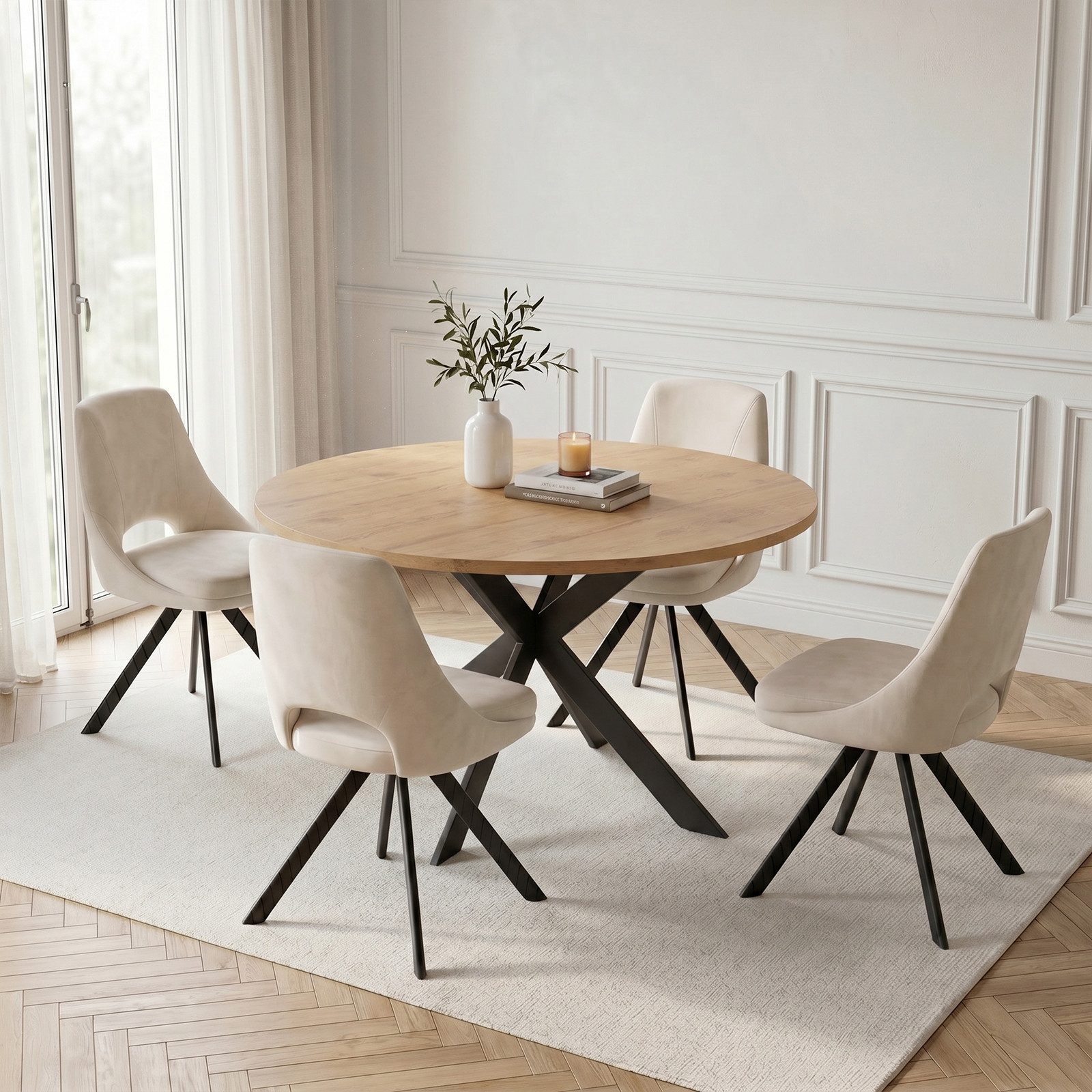 Jiexi Essgruppe Tisch- und Stuhlset, Runder Esstisch (115×75 cm) mit 4 Stühlen