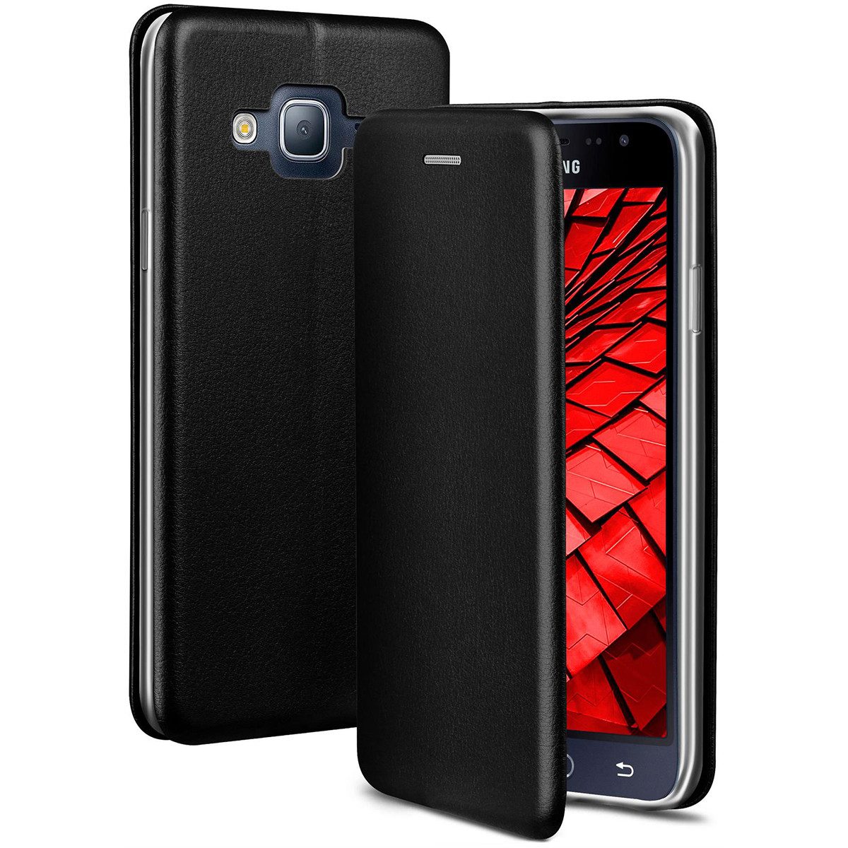 ONEFLOW Handyhülle für Samsung Galaxy J3 (2016) Premium Hülle Business Cover Schwarz 5 Zoll, 360 Grad Schutzhülle Flip Case Etui Klapphülle Dünn Leder Handy Tasche