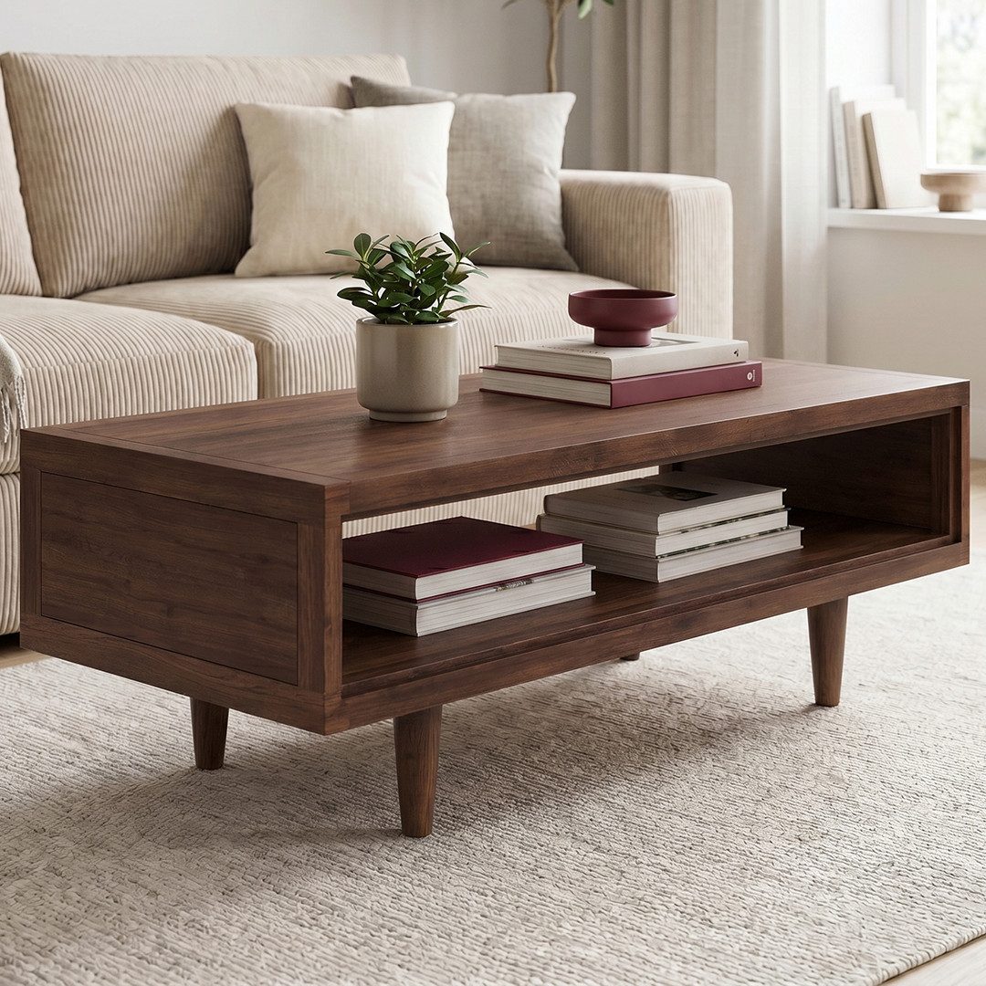 skølm Couchtisch Eivind aus massivem Eichenholz, lackiert (110x50x40 cm, Walnussoptik), Sofatisch Wohnzimmer mit Ablagefach