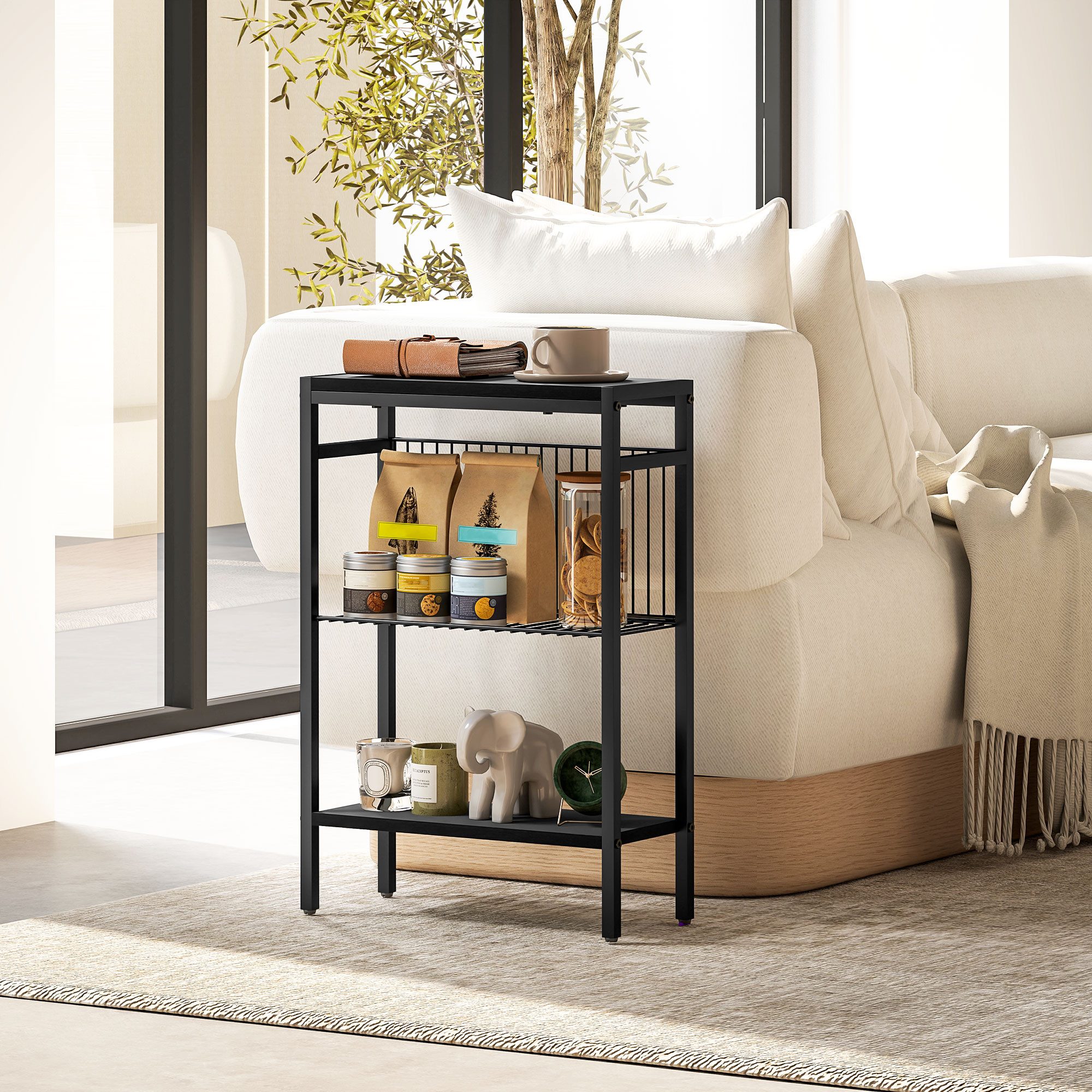 HOMCOM Beistelltisch kleiner Couchtisch mit Ablagen, Sofatisch mit Stahlrahmen (Nachttisch, 1-St., Sofatisch), für Wohnzimmer, Schlafzimmer, Schwarz