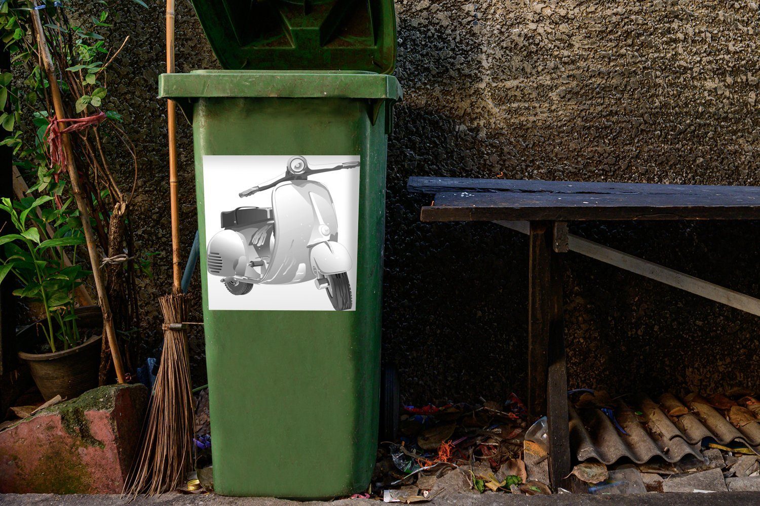 schwarz MuchoWow Container, St), Rollers Eine grauen Illustration weiß und Mülleimer-aufkleber, Abfalbehälter (1 Wandsticker Mülltonne, - Sticker, eines