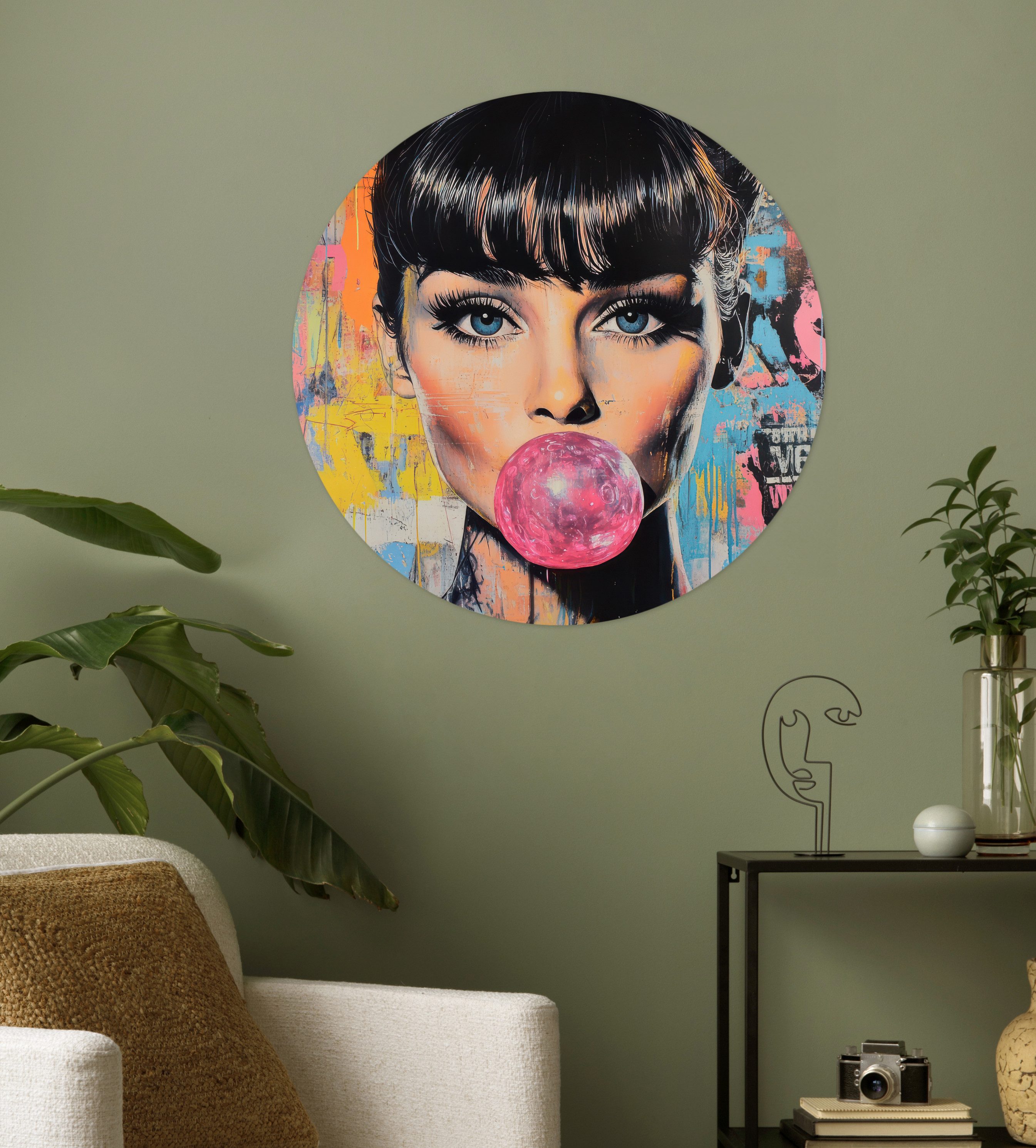 MuchoWow Wandsticker Kaugummi - Frau - Pinselstriche - Modern (1 St), Wanddeko Wohnzimmer Schlafzimmer Wandverkleidung, 50x50 cm