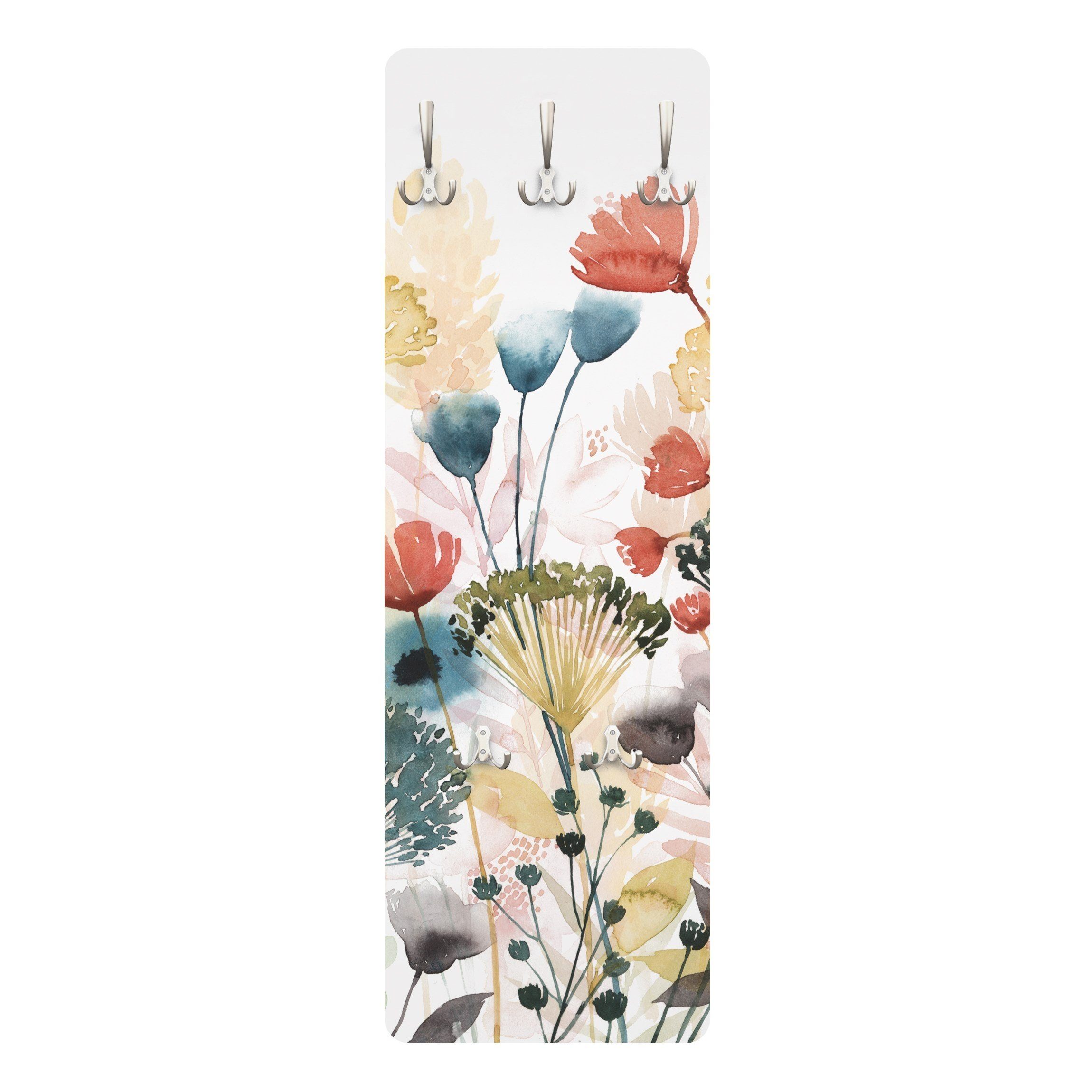Bilderdepot24 Garderobenpaneel bunt Aquarell Blumen Floral Kunst Landhaus Wildblumen im Sommer II (ausgefallenes Flur Wandpaneel mit Garderobenhaken Kleiderhaken hängend), moderne Wandgarderobe - Flurgarderobe im schmalen Hakenpaneel Design