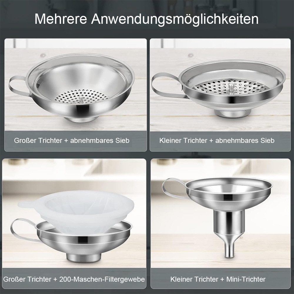 AFKSMILE Trichter Edelstahl Trichterset 8-teilig mit Heber & Filter, spülmaschinenfest, (8-tlg), 3 Größen Küchentrichter Set für Marmelade, Einmachen, Öl, Gewür – Bild 3 von 5