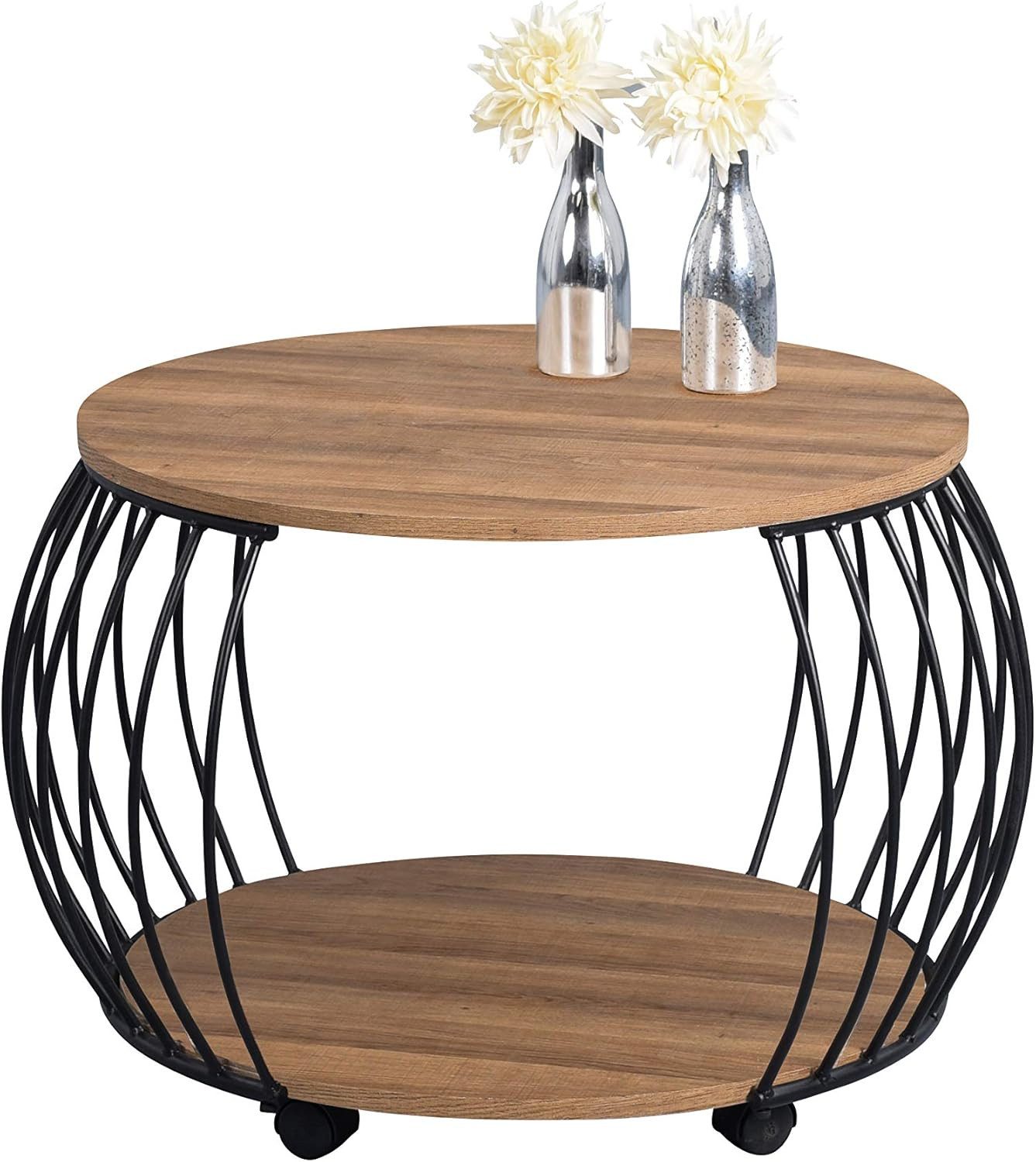 OUTLET-NORD Couchtisch Rund Couchtisch mit Stauraum Nystrom Ø 65 cm, Braun Massivholz Beistelltisch