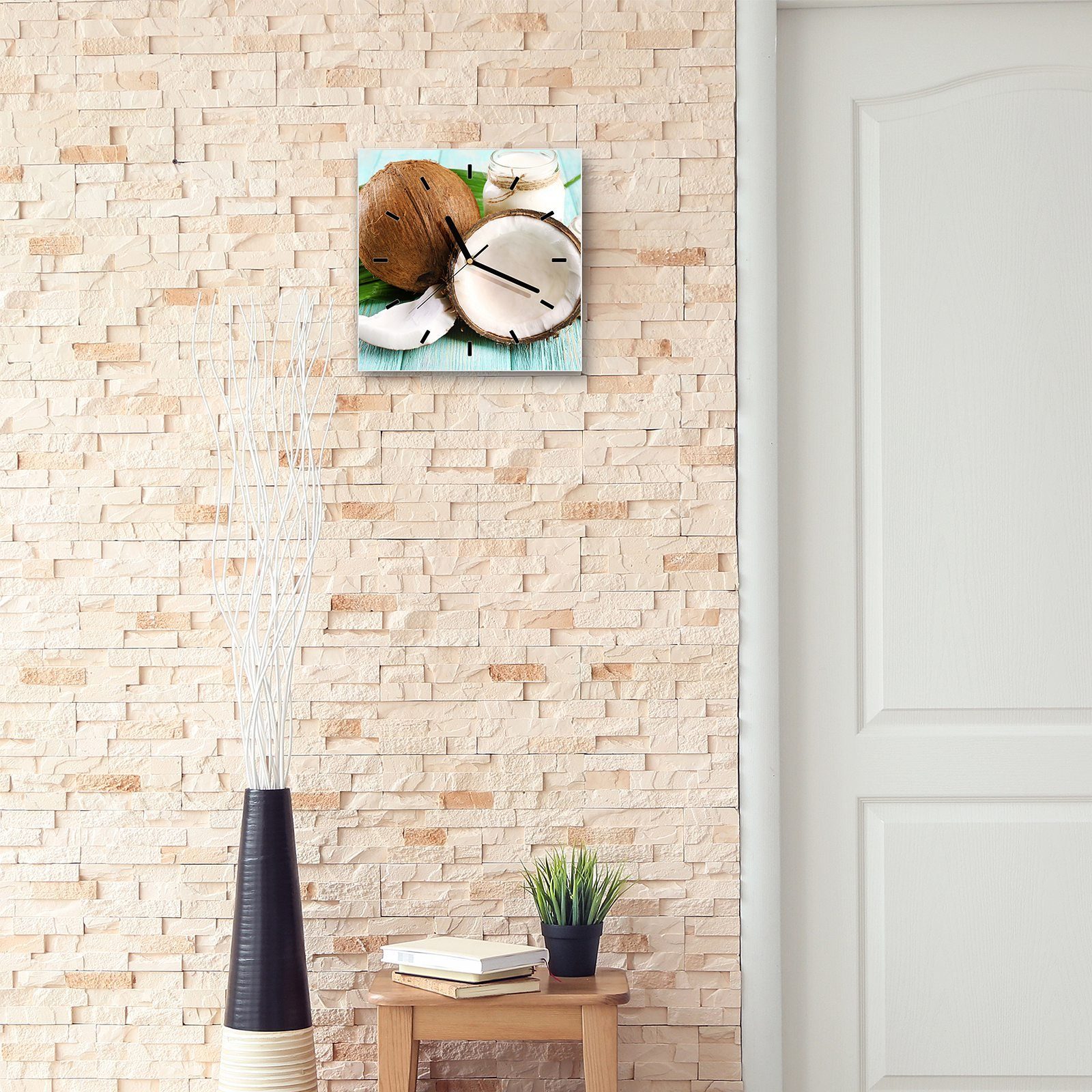 Primedeco Wanduhr Glasuhr Wanduhr mit Motiv 30 Größe Wandkunst Kokosnuss auf cm 30 x Blatt