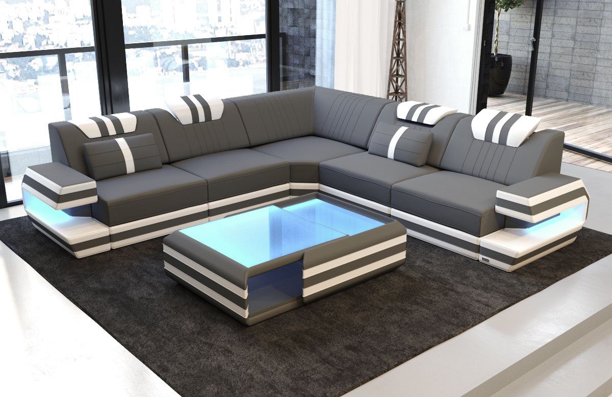 Sofa Dreams Ecksofa Design Polsterstoff Sofa Ragusa L Form M Mikrofaser Stoffsofa, Couch wahlweise mit Hocker grau-weiß