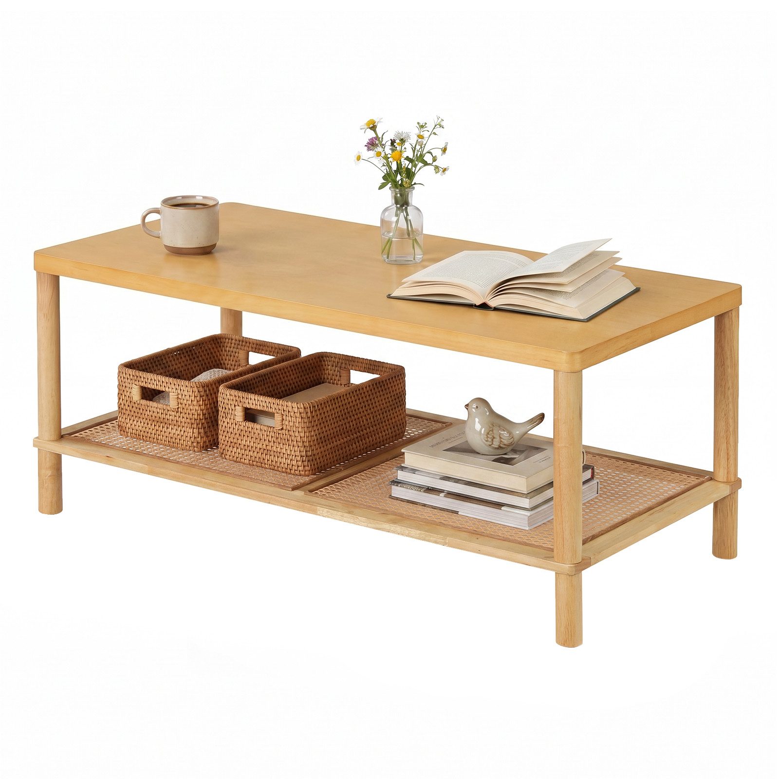 COSTWAY Couchtisch, Holz rechteckiger Wohnzimmertisch mit Rattanablage 100cm