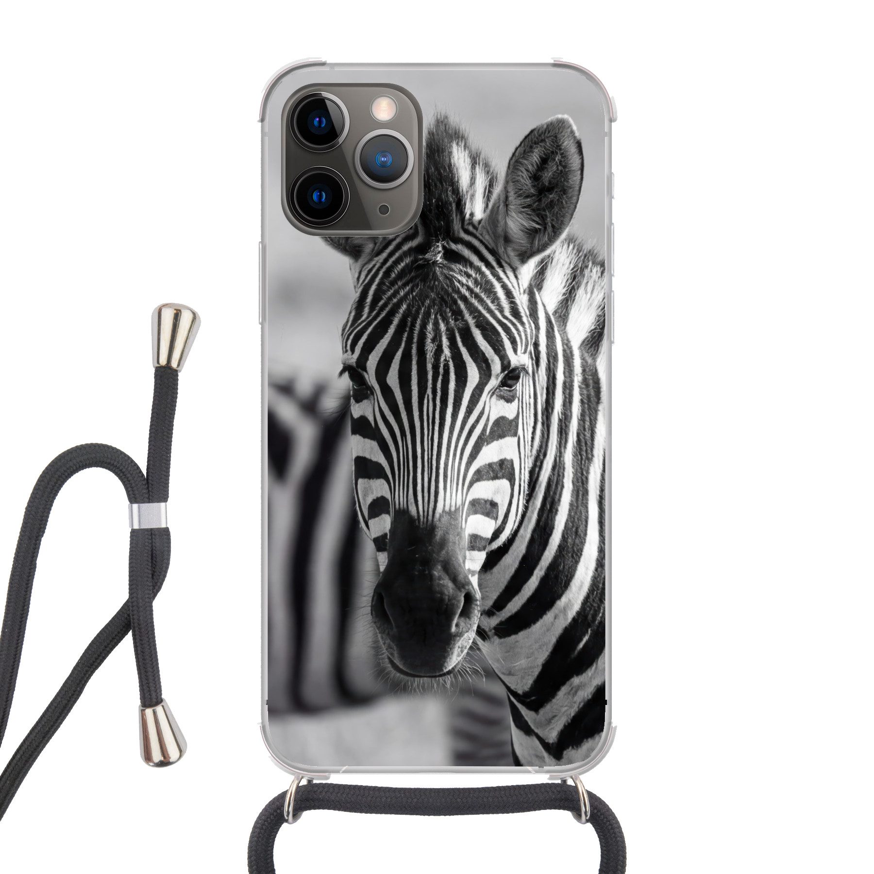MuchoWow Handyhülle für Apple iPhone 12 Pro Zebras - Schwarz - Weiß, Tragbare Handyhüllen mit Kette zum umhängen, Handykette Handyband