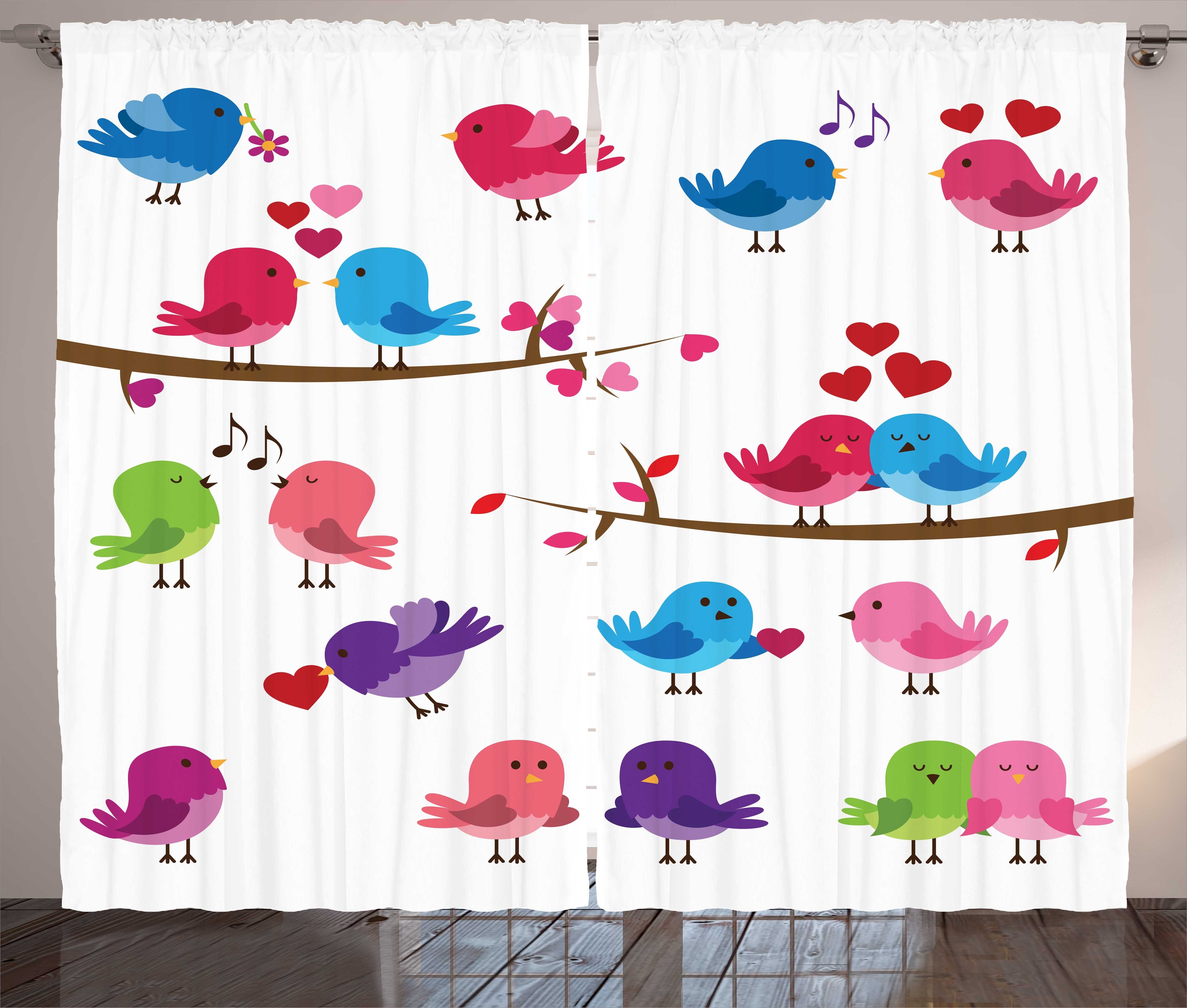 Gardine Schlafzimmer Kräuselband Vorhang mit Schlaufen und Haken, Abakuhaus, küssen Bunte Vögel Liebes-Muster
