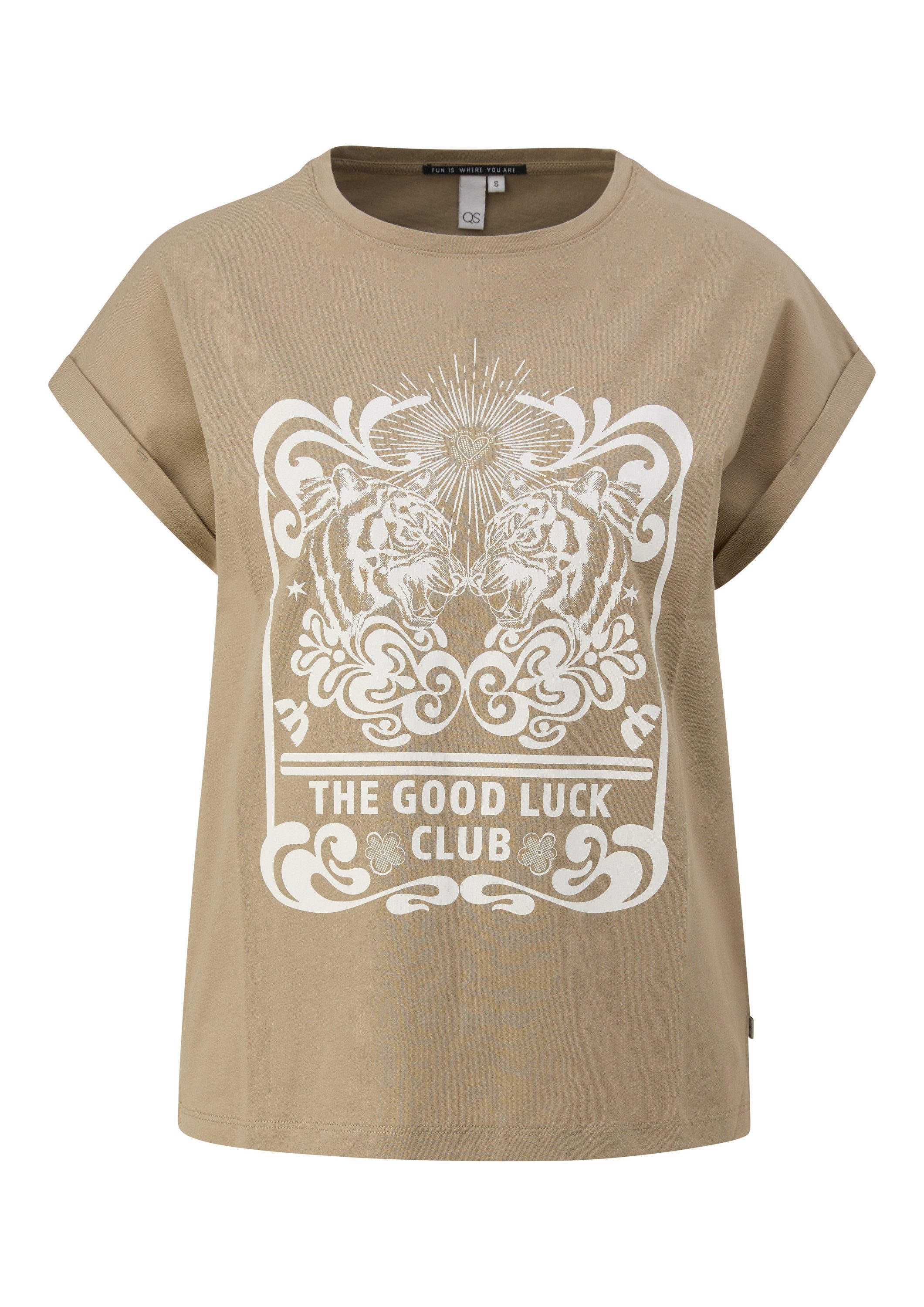 QS Kurzarmshirt T-Shirt Baumwollshirt mit überschnittener Schulter Frontpri günstig online kaufen