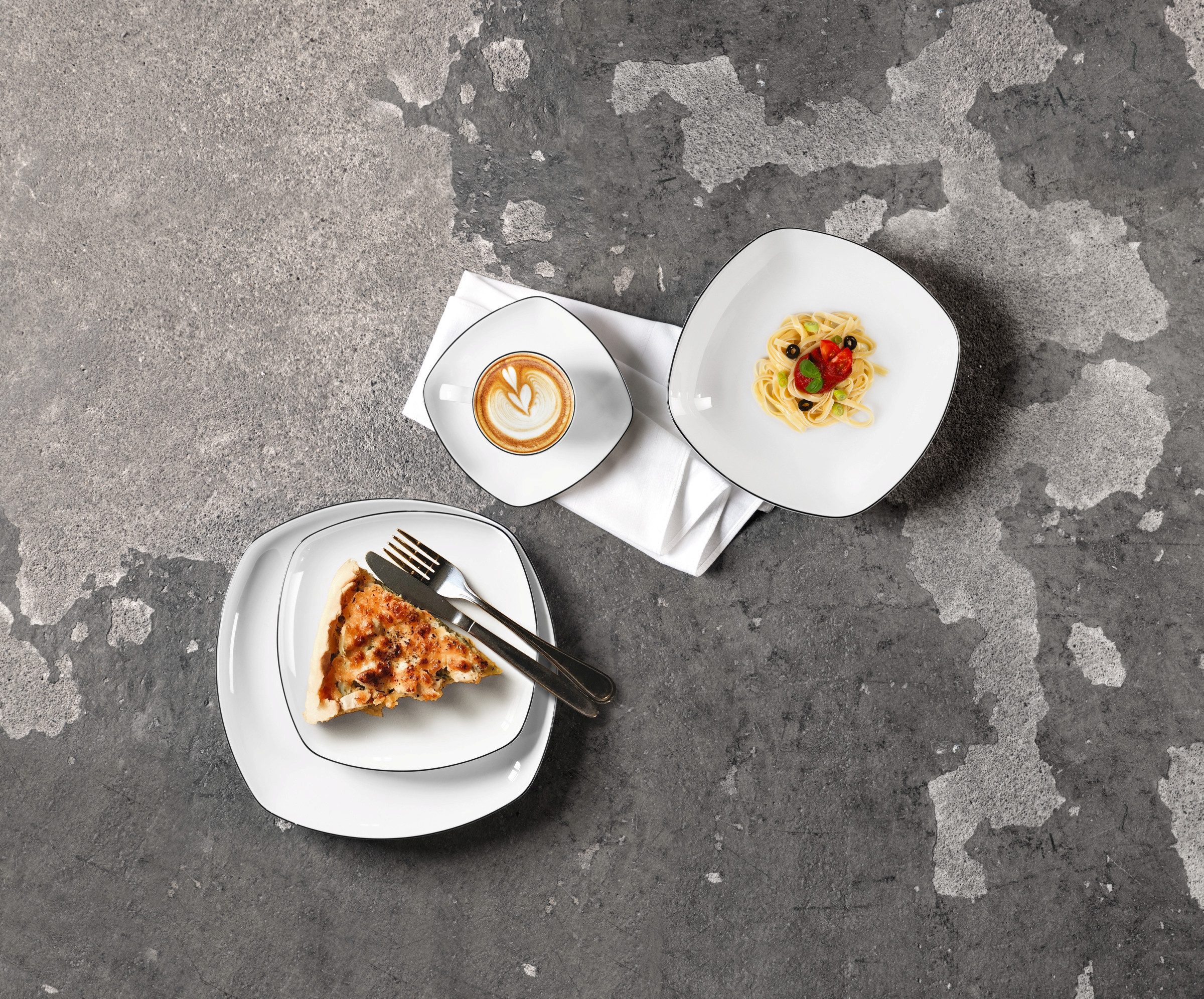 Seltmann Weiden Kaffeeservice Geschirr-Set, Service Lido Black Line (18-tlg), 6 Personen, Porzellan, Tassen, Untertassen, Teller, 18 Teile, für 6 Personen, Made in Germany