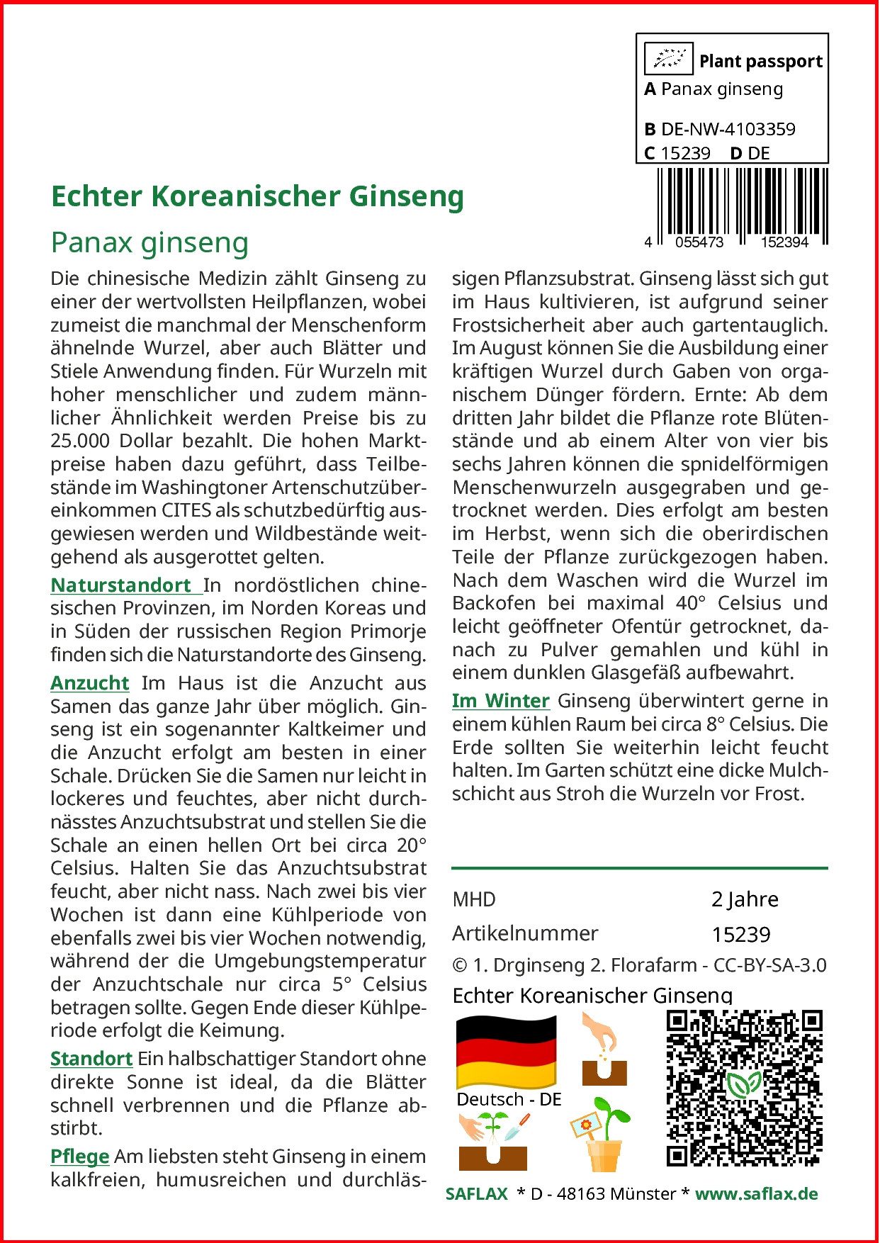SAFLAX Blumensamen SAFLAX - Samen und Substrat - Echter Koreanischer Ginseng
