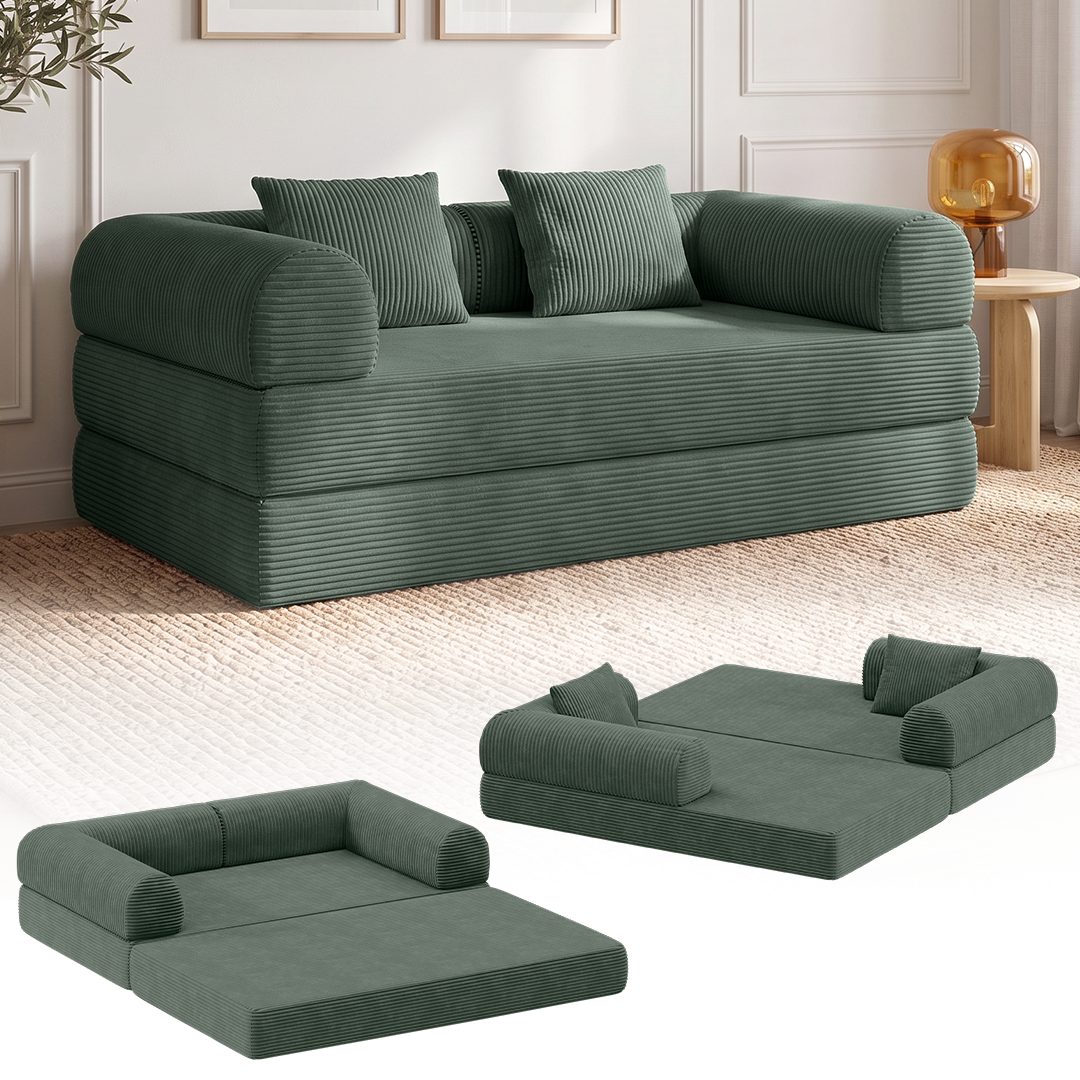 Bellamio Sofa Guavi aus Vollschaum Cord, umwandelbar zum Schlafsofa/-Sessel, Dunkelgrün, Cordsofa 160 cm breit, 2 Sitzer, kein Aufbau erforderlich, vakuumiert