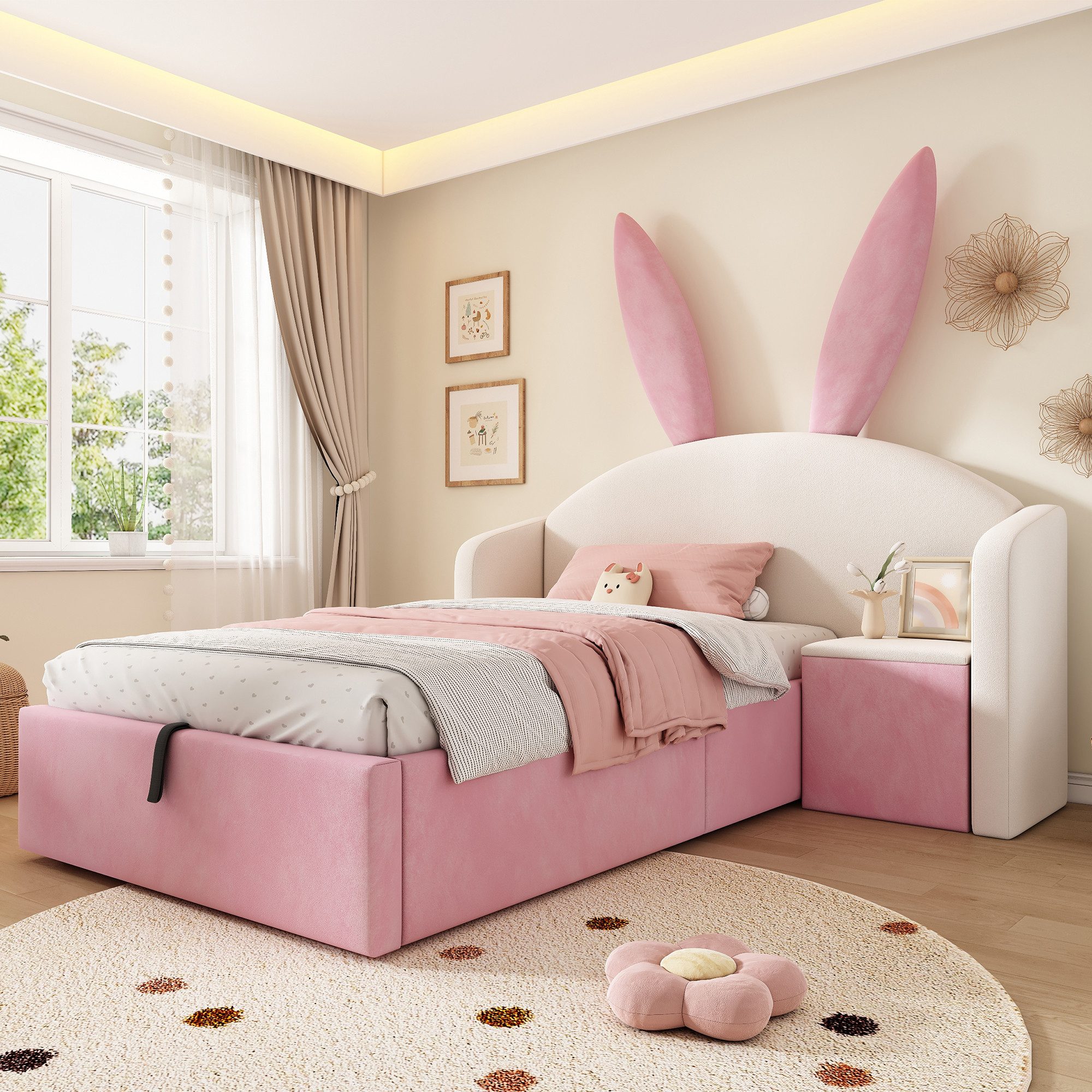 Odikalo Polsterbett Kinderbett Einzelbett 90×190/200 Stauraumbett mit Stauraum (mit Hasenohren-Kopfteil Kinderbett mit Hydraulischem Stauraum & Nachttisch Samt Softbett (Ohne Matratze)