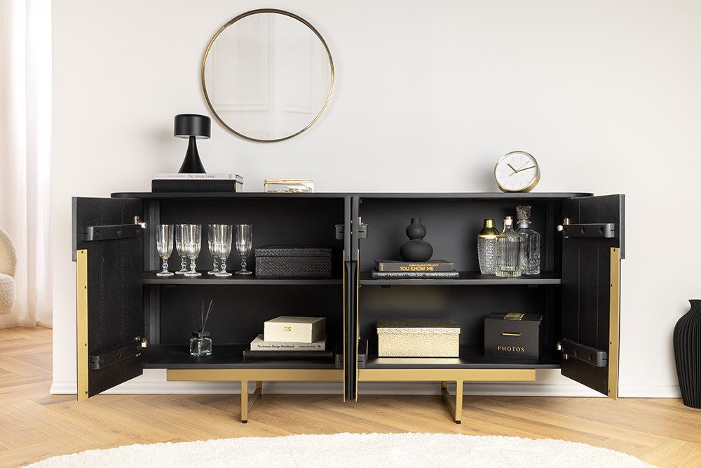 riess-ambiente Sideboard GATSBY 160cm schwarz / gold - Stauraum, handmade, abgerundete Ecken (Einzelartikel, 1 St), Wohnzimmer · Massivholz · Metall · Kommode · Retro Design