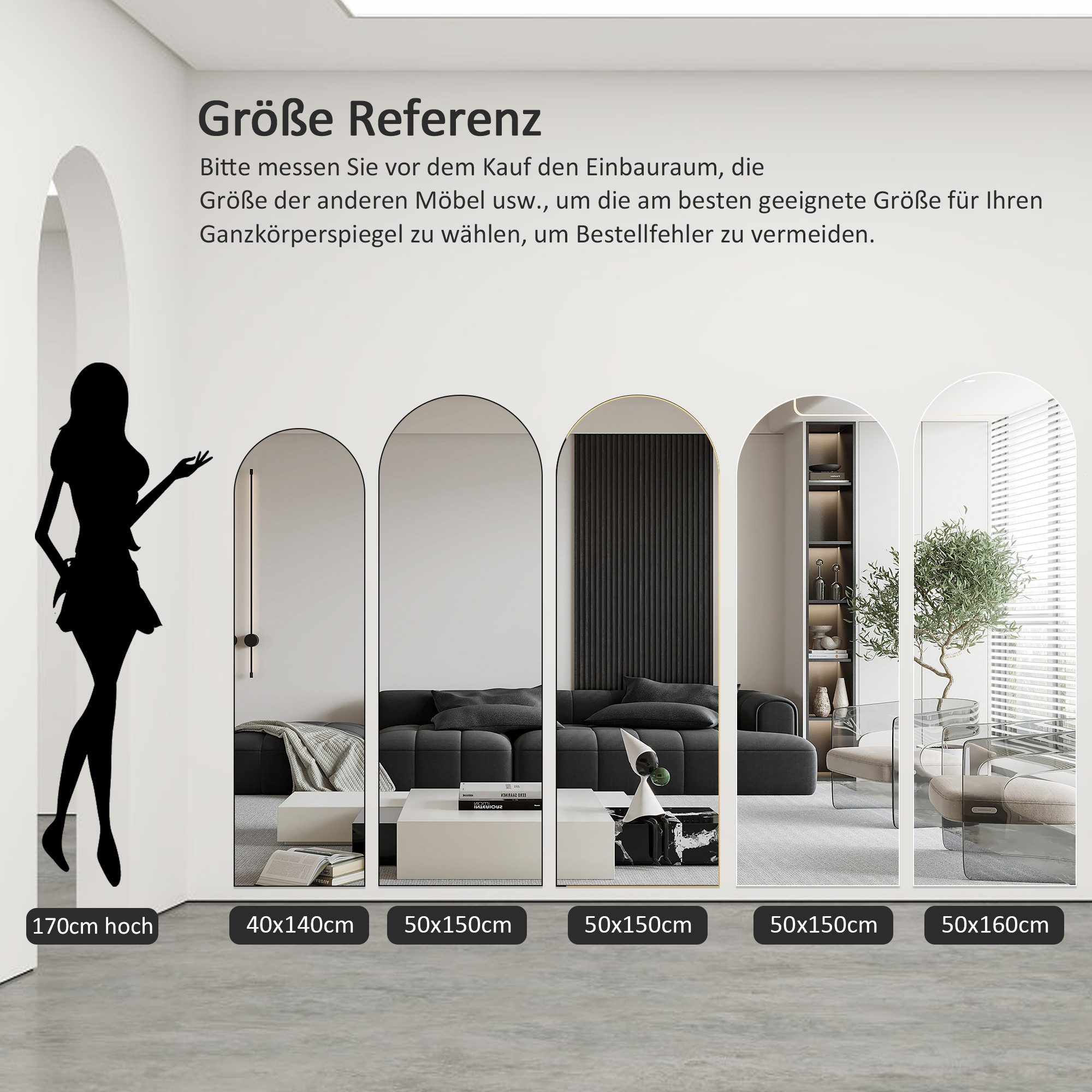 Hopibath Wandspiegel ganzkörper 180x80 150x50 160x40 140x40 mit Alurahmen (Ganzkörperspiegel Bogenspiegel, Schwarz Rechteckig, Weiß Oval), für Schlafzimmer Wohnzimmer Garderobe Flur Friseurladen