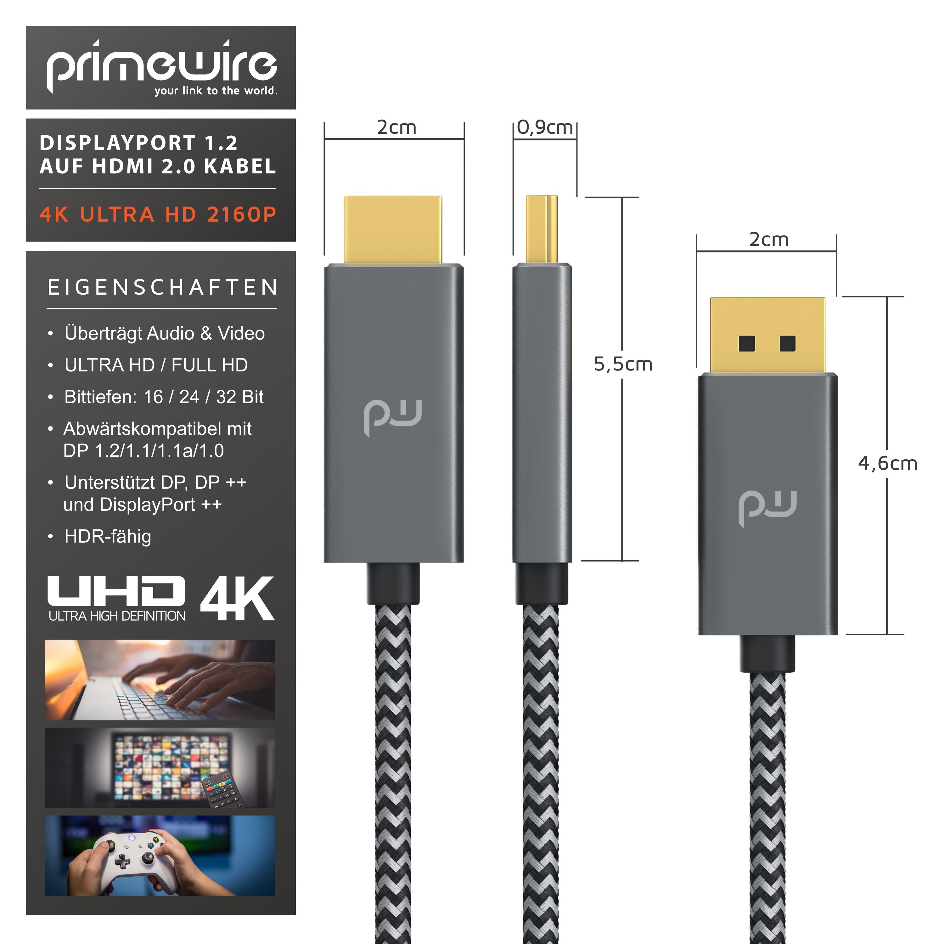 Primewire Audio- & Video-Kabel, DisplayPort, HDMI Typ A (200 cm), DP 1.2 zu HDMI 2.0 Adapterkabel 4k – UHD 3840 x 2160 @ 60 Hz - 2m