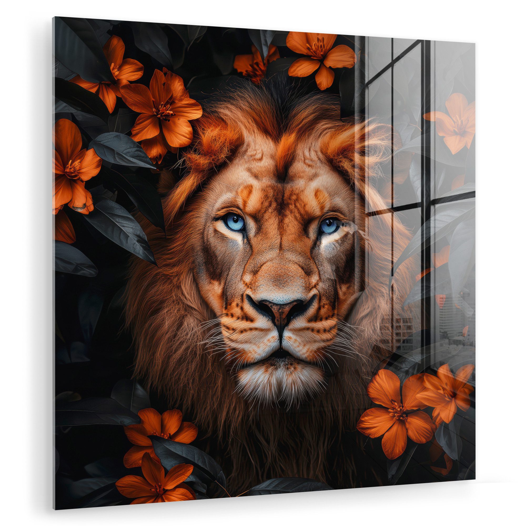 MuchoWow Acrylglasbild Löwe - Tierporträt - Natur - Blumen - Tier, Inkl. Aufhängung, Bilder auf Glas Wandbild, Wanddeko Wohnzimmer Badezimmer, 20x20 cm