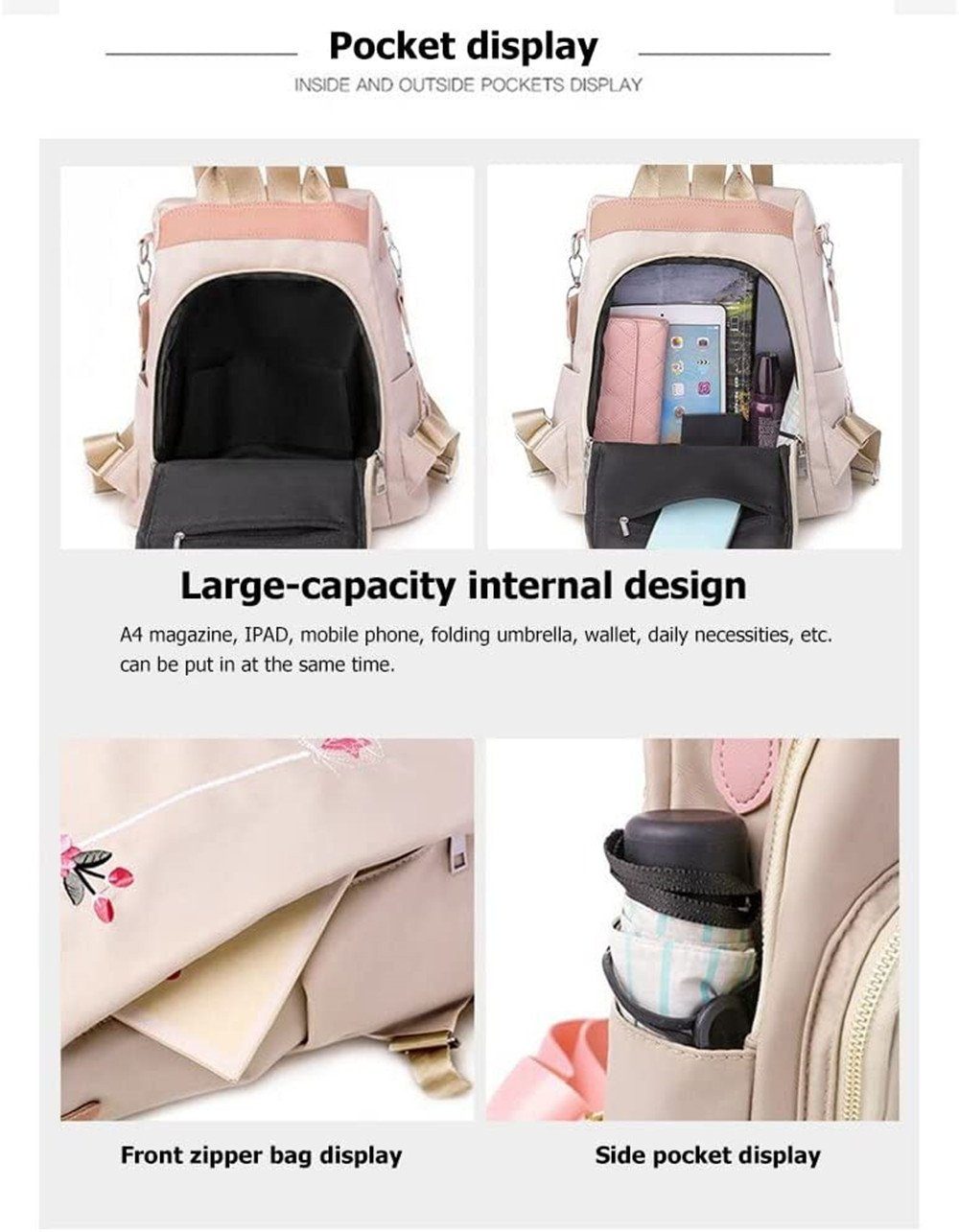 XDeer Daypack Damen-Rucksack mit Blumenstickerei,Wasserdichte Schultasche (Set),täglicher Reise-Anti-Diebstahl-Schulterrucksack mit hoher Kapazität