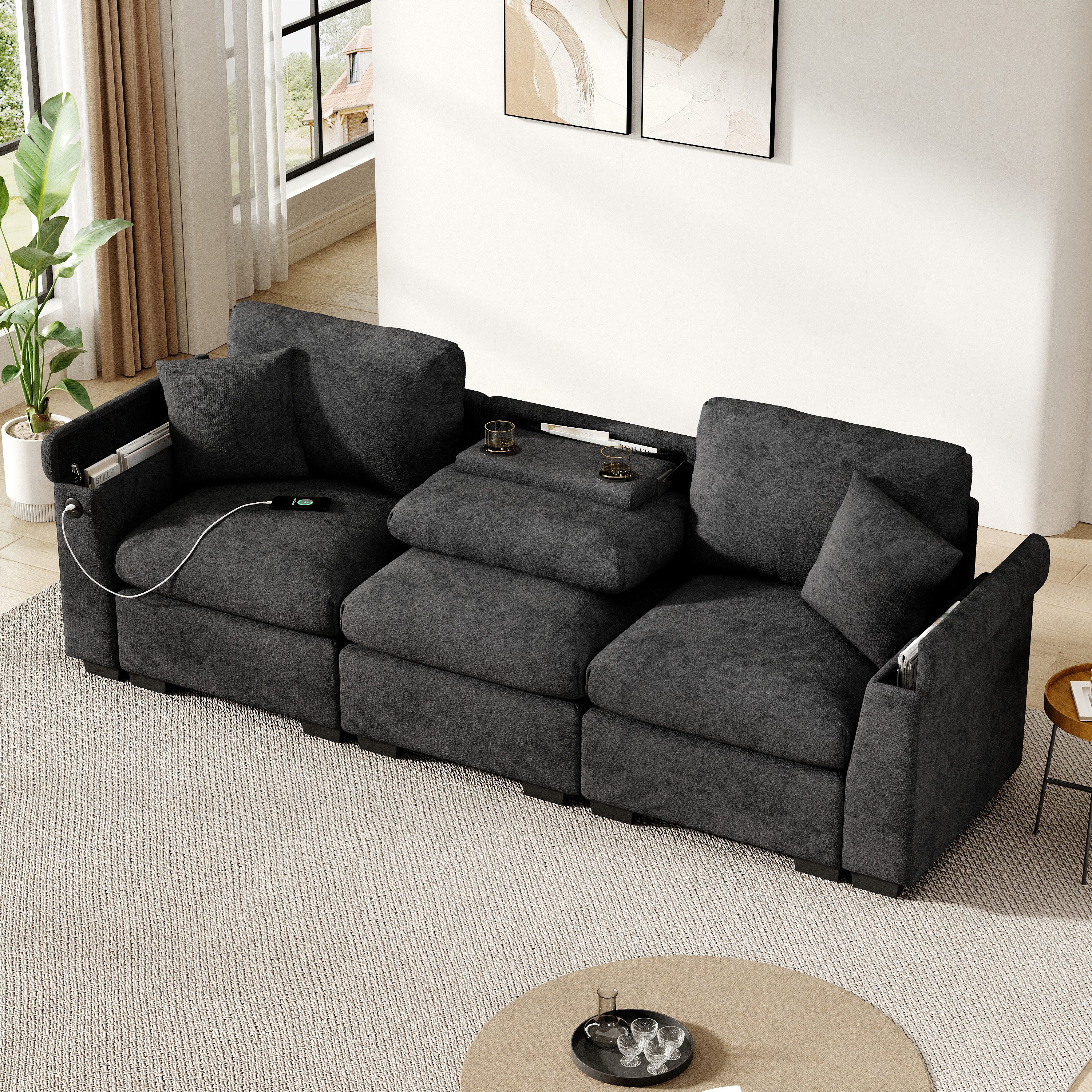 i@home 3-Sitzer multifunktionales Sofa, Beige/Grau, 242*80*88cm, Stoffsofa günstig online kaufen