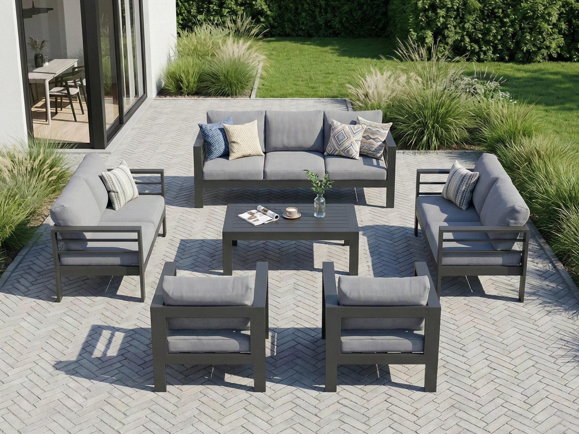 MeXo Gartenlounge-Set Gartenmöbel Set Aluminium Wetterfest, (1 x 3-Sitzer Sofa, 2 x 2-Sitzer Sofa, 4 x Sessel, 1 x Gartentisch, 18 x Kissen, 6-tlg., Luxus Relax), Gartensofa Set für 8-10 Personen, Individuell Kombinierbar