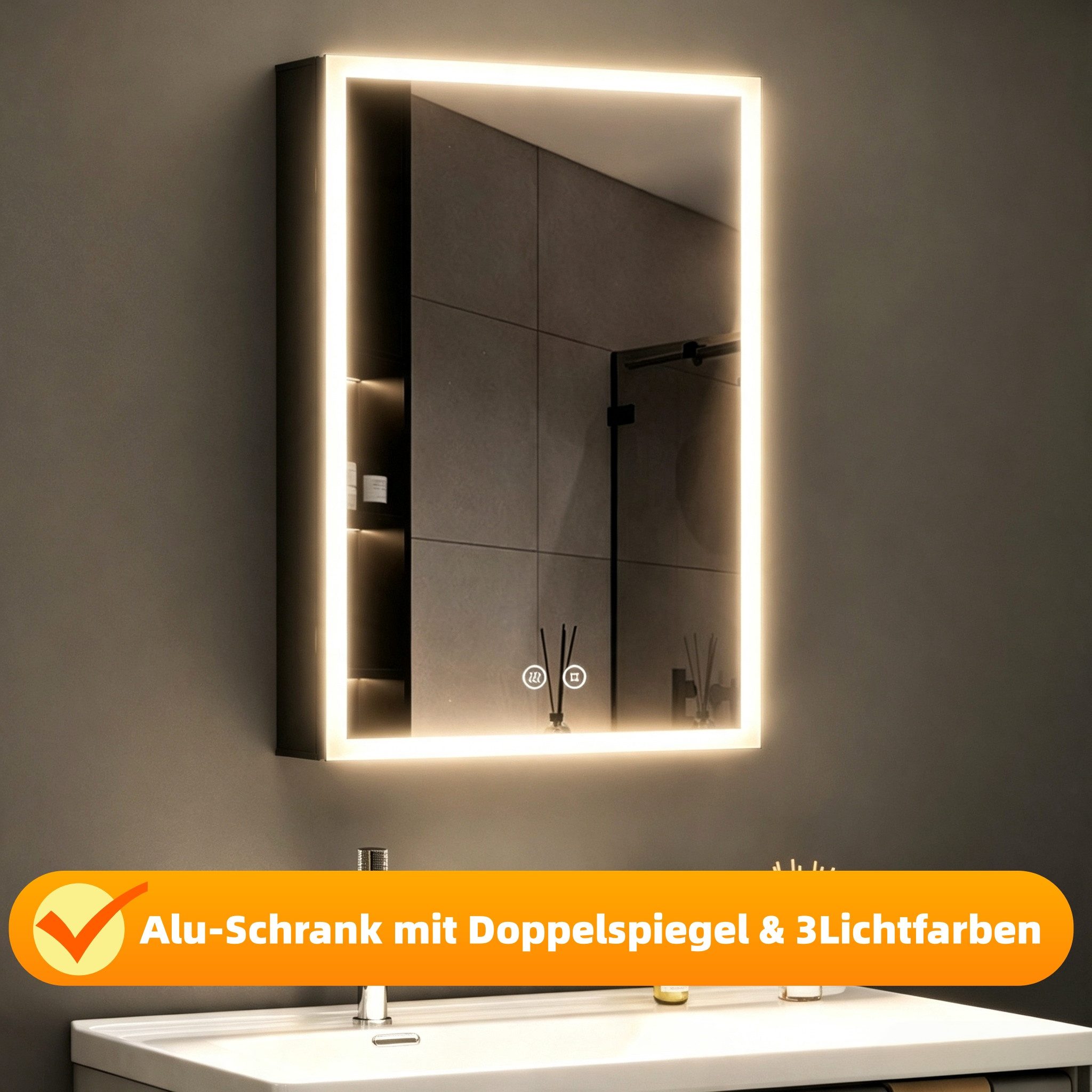 WDWRITTI Spiegelschrank Schwarz mit beleuchtung Hängeschrank 3Lichtfarben Dimmbar Anti-fog (Badezimmerspiegelschrank mit LED, Speicherfunktion, 1 türen 50x70cm, 40x60cm, Doppelseitiger Spiegel, Alu-Schranktür) Full Surround Light Strip, mit Netzadapter