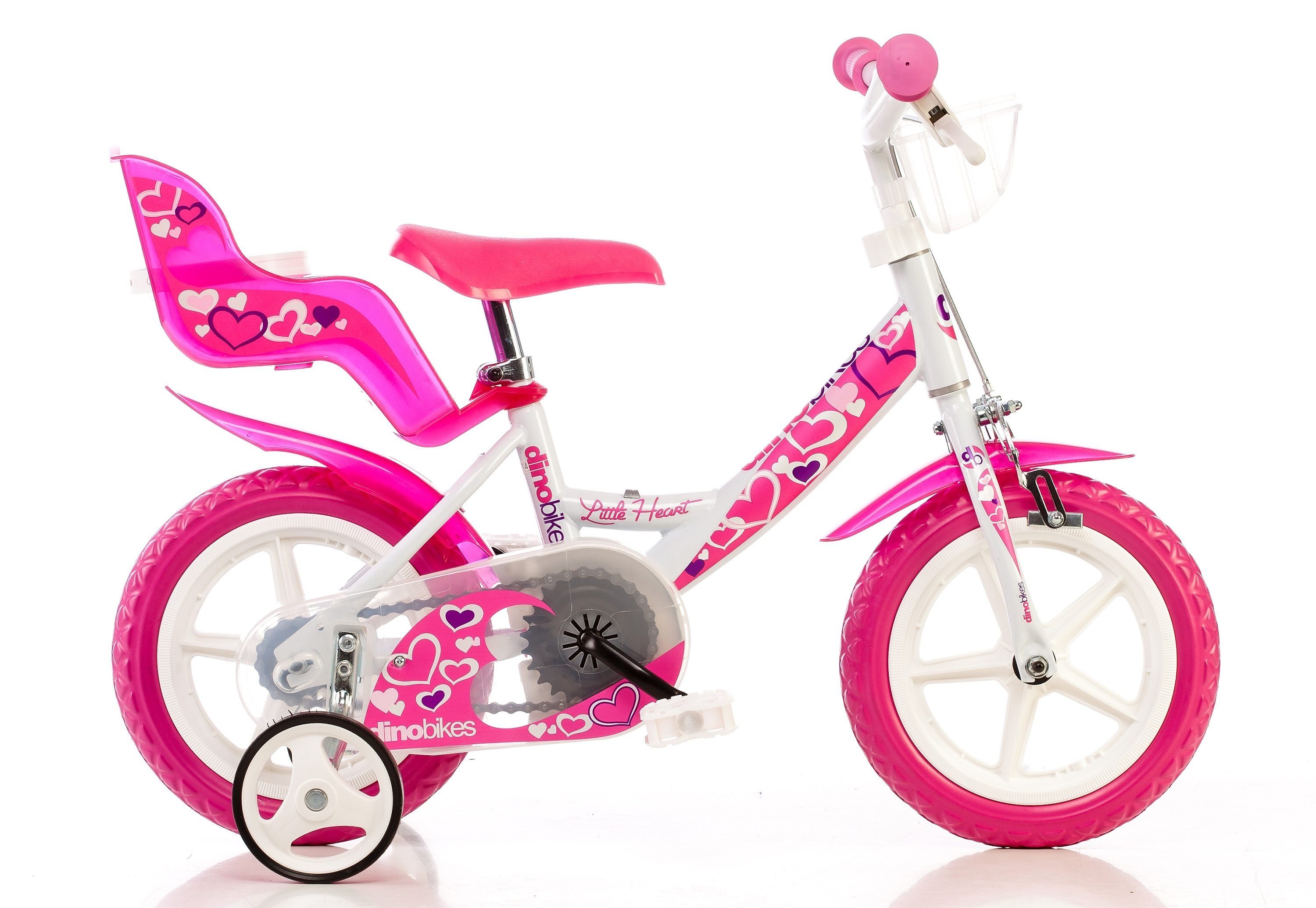 Dino Bikes Kinderfahrrad 12" Little Heart Kinderfahrrad stabiler Stahl-Rahmen Stützräder, 1 Gang, mit Stützrädern, Korb und Puppensitz