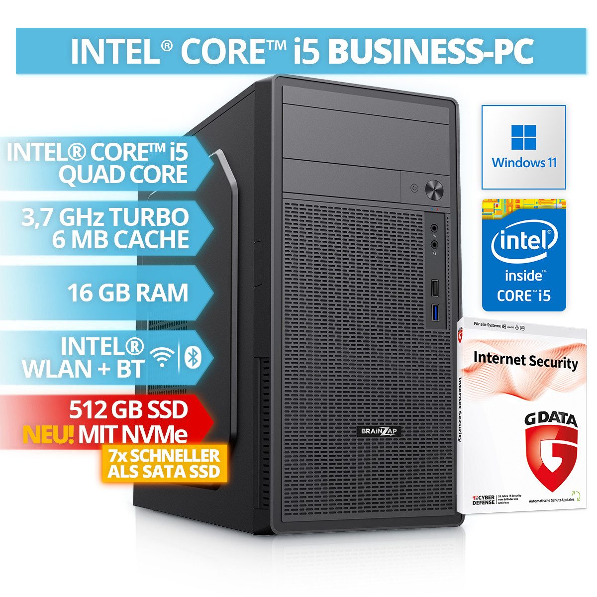 BRAINZAP Office/Home/Desktop PC Business-PC (Intel Core i5 4590, 16 GB RAM, 512 GB SSD, Luftkühlung, NVMe SSD, Windows 11, G DATA Internet Security)