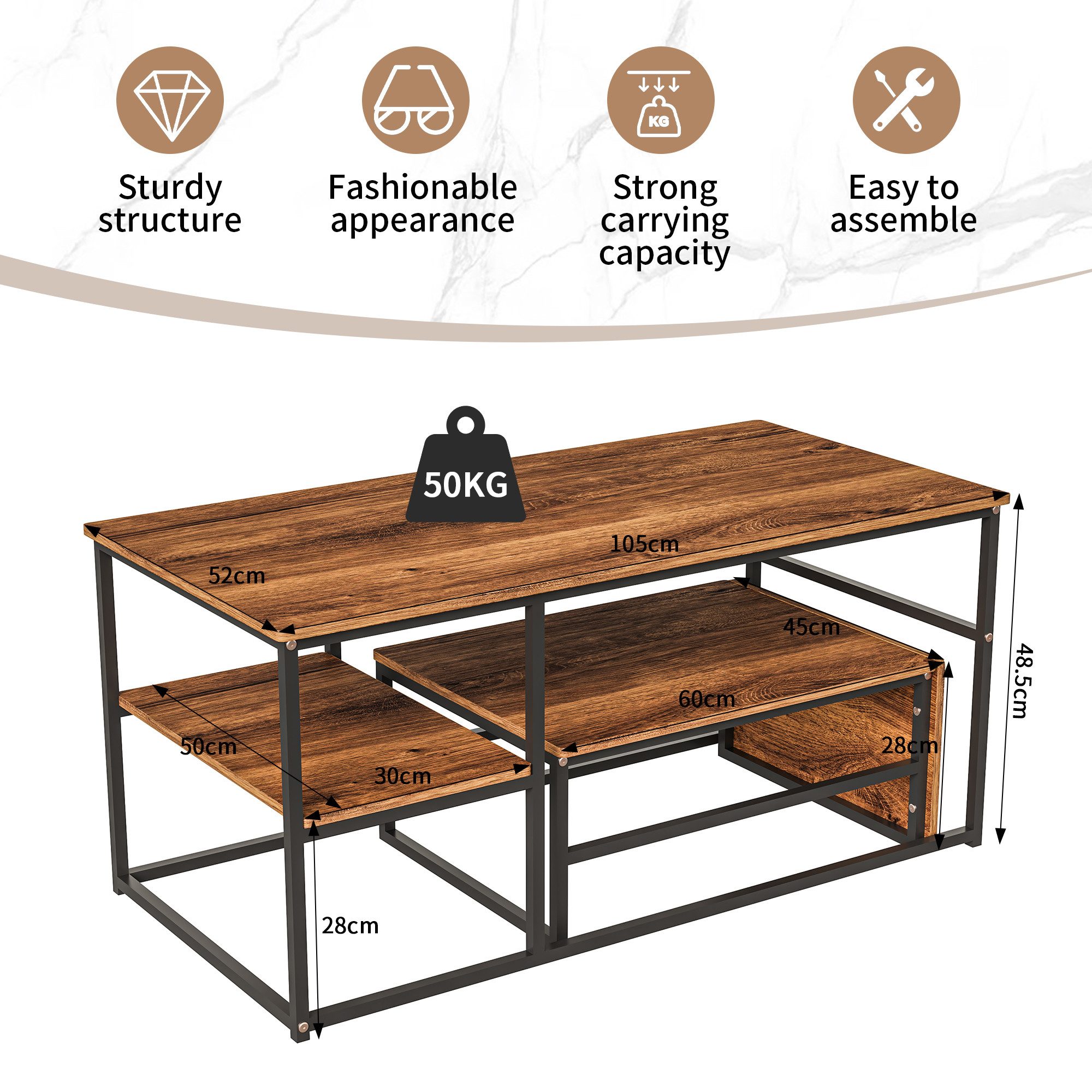 Gdood Couchtisch Rechteck Satztisch Beistelltisch stapelbarer Sofatisch (2-St., Ideal für Wohnzimmer & Büro, Platzsparendes stapelbares Design), Mit Holzmaserun – Bild 3 von 5