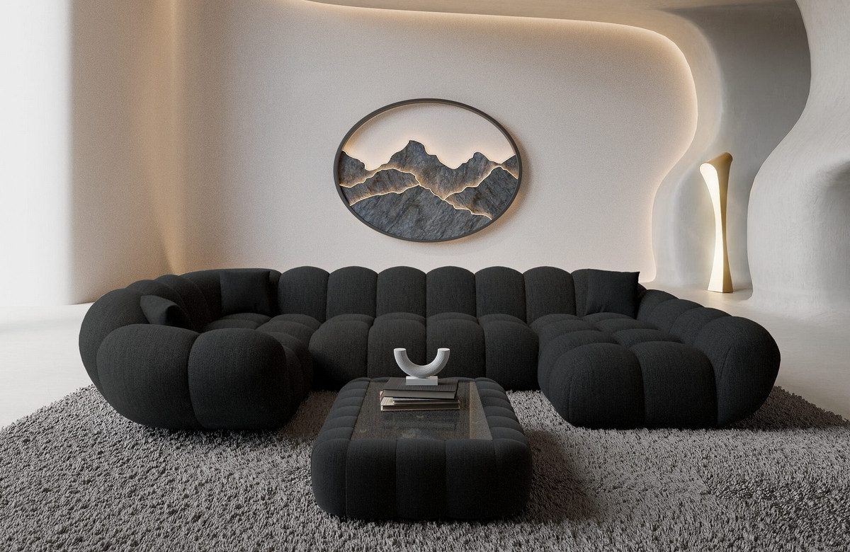 Sofa Dreams Wohnlandschaft Maleron U Form Design Stoffsofa, 6-Sitzer, Polsterecke, Ottomane rechts, Strukturstoff Schwarz