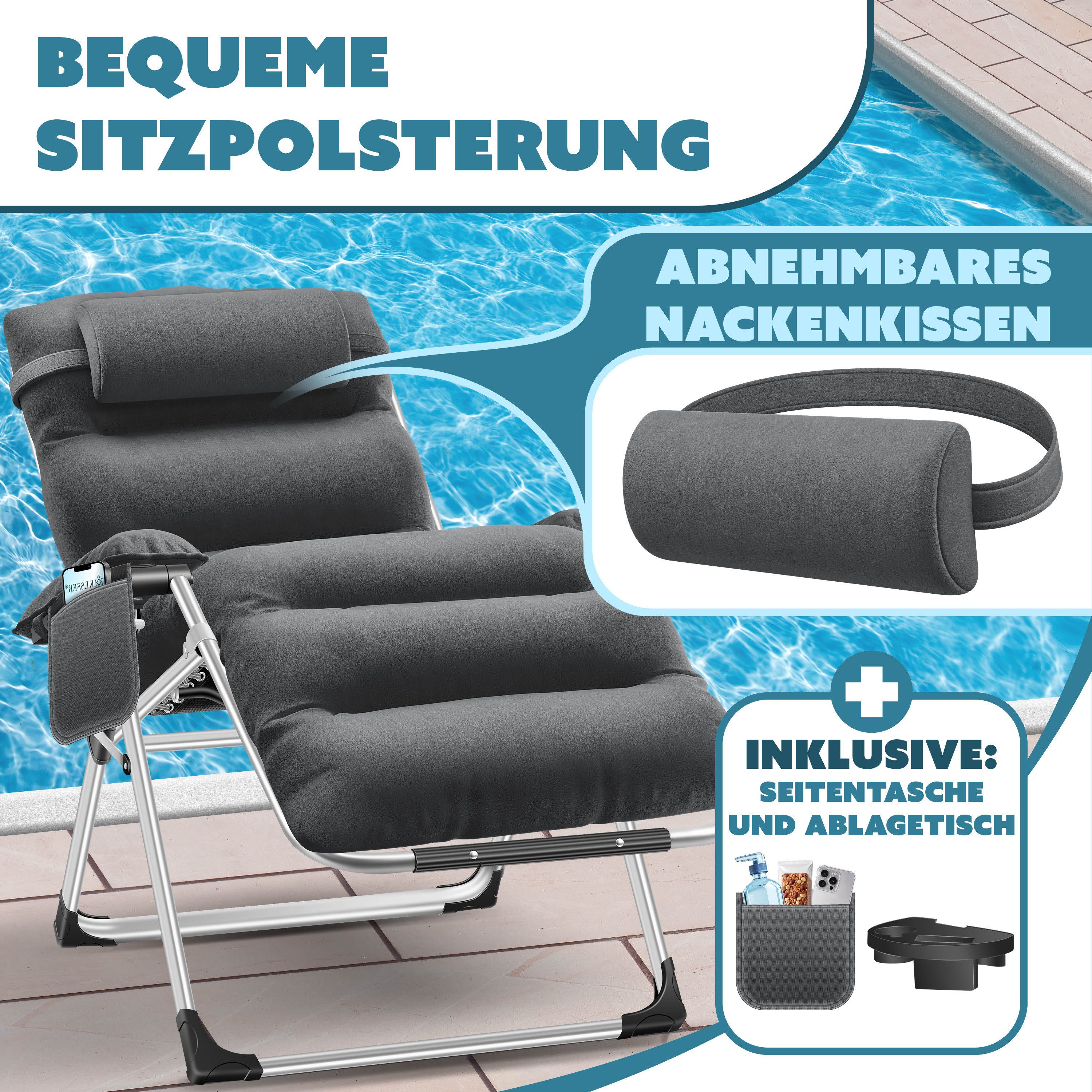 KESSER Gartenliege, Sonnenliege Liegestuhl Klappbar + Nackenkissen Gartenstuhl