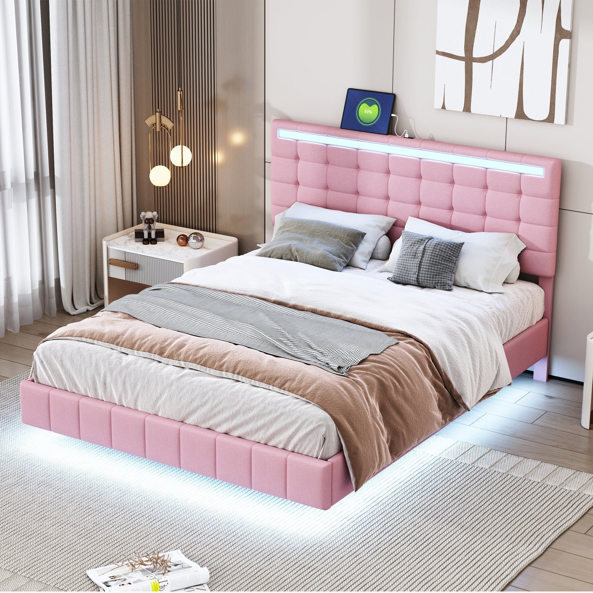Polsterbett (LED Doppelbett), mit USB Ladefunktion und höhenverstellbarem Kopfteil 140x200cm, Leinen