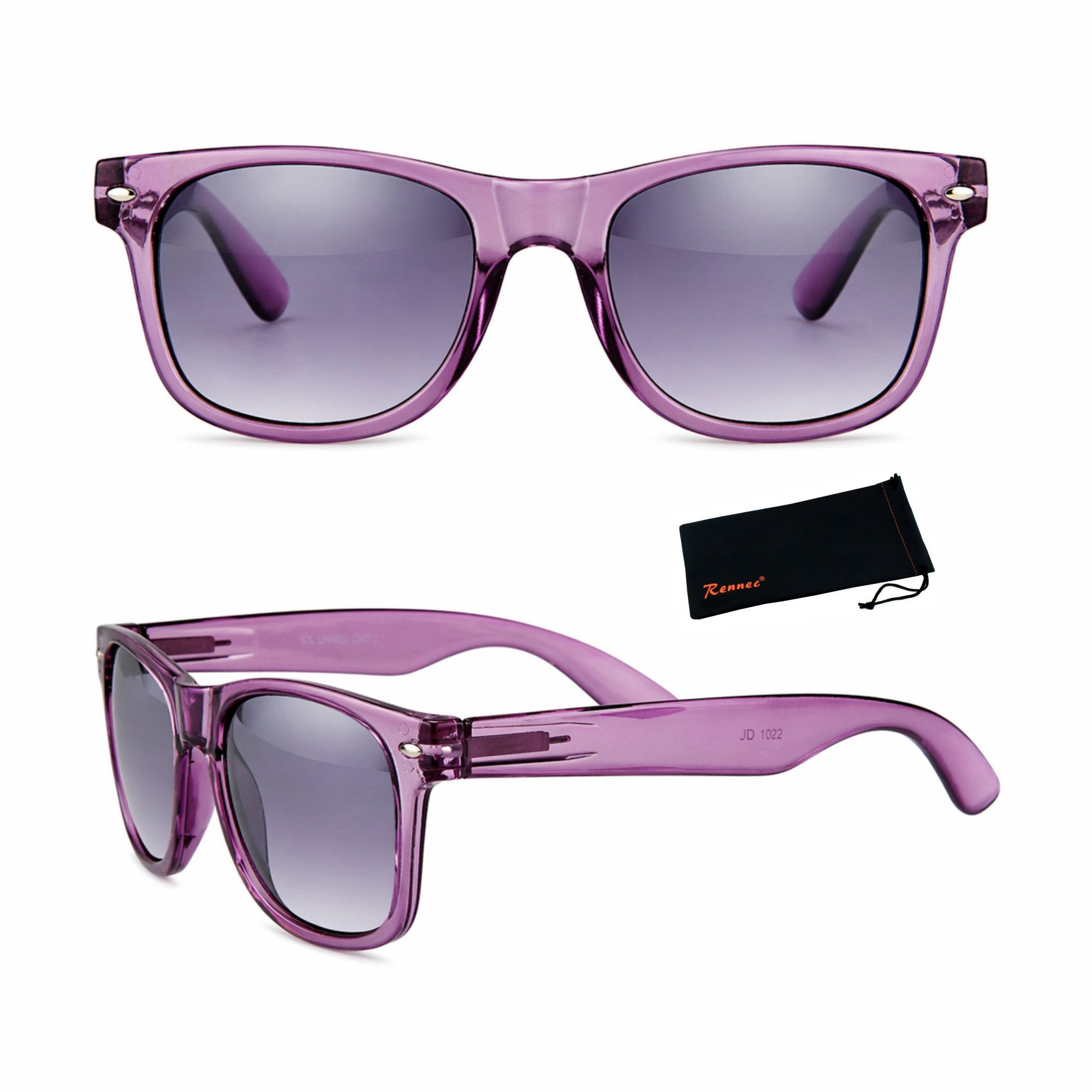 Rennec Sonnenbrille (Nerd Sonnenbrille Damen Herren Retro Gestell Transparent) Gläser Lila Verlaufsgetönt, Federscharniere an den Brillenbügeln