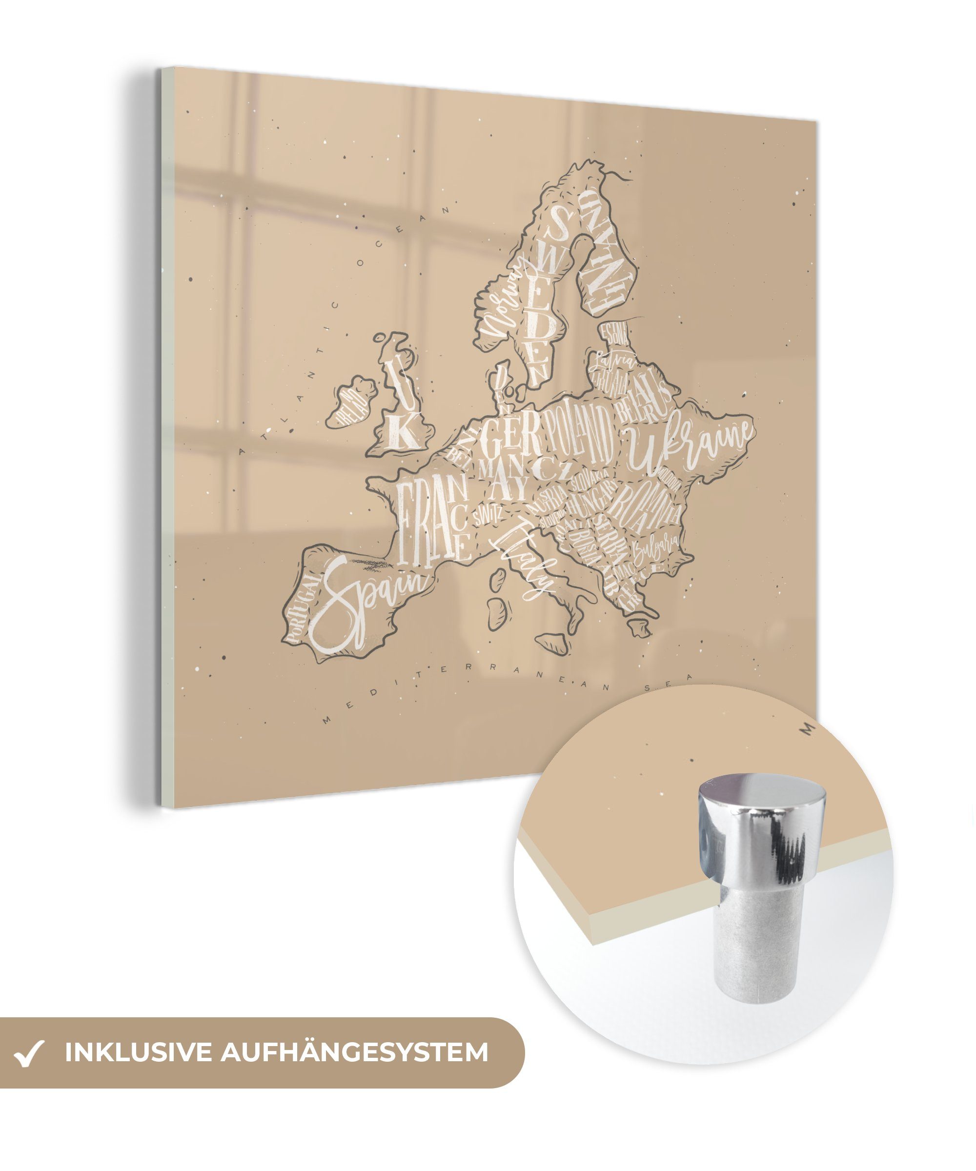MuchoWow Acrylglasbild Karte - Europa - Weiß - Braun, (1 St), Glasbilder - Bilder auf Glas Wandbild - Foto auf Glas - Wanddekoration