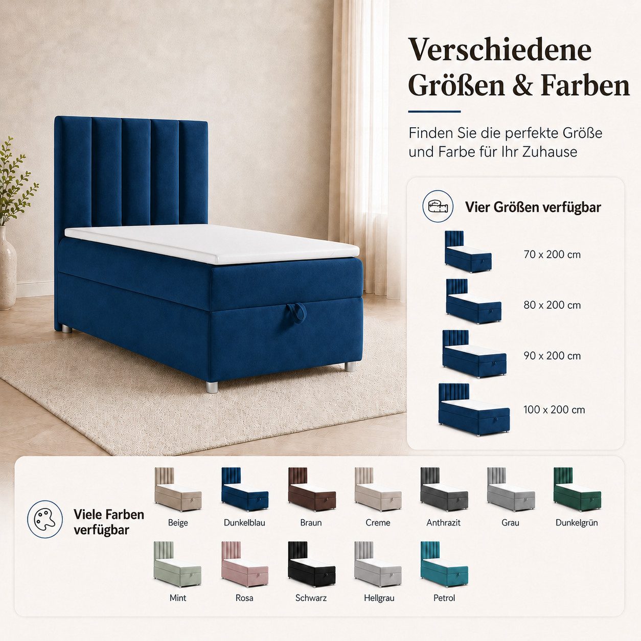 Best for Home Boxspringbett Trinity K10 SINGLE mit Bettkasten & Bonellfederkern, Komfort Topper H3 (Einzelbett, Polsterbett gepolstertes Kopfteil, Jugendbett, Kinderbett versch. Größen, 1-St., 70x200 80x200 90x200 100x200 cm), Stauraum unter dem Bett; Ergonomischer Schlafkomfort; Massivholzrahmen